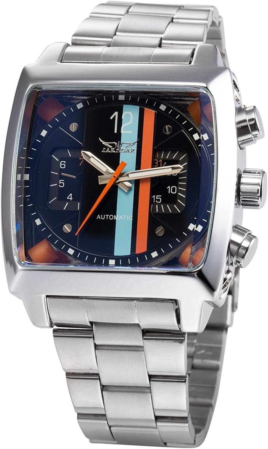 Fanmis Mens Automatic Analog Oblong Date Silver Stainless Steel Wrist Watch Business Luminous Watch