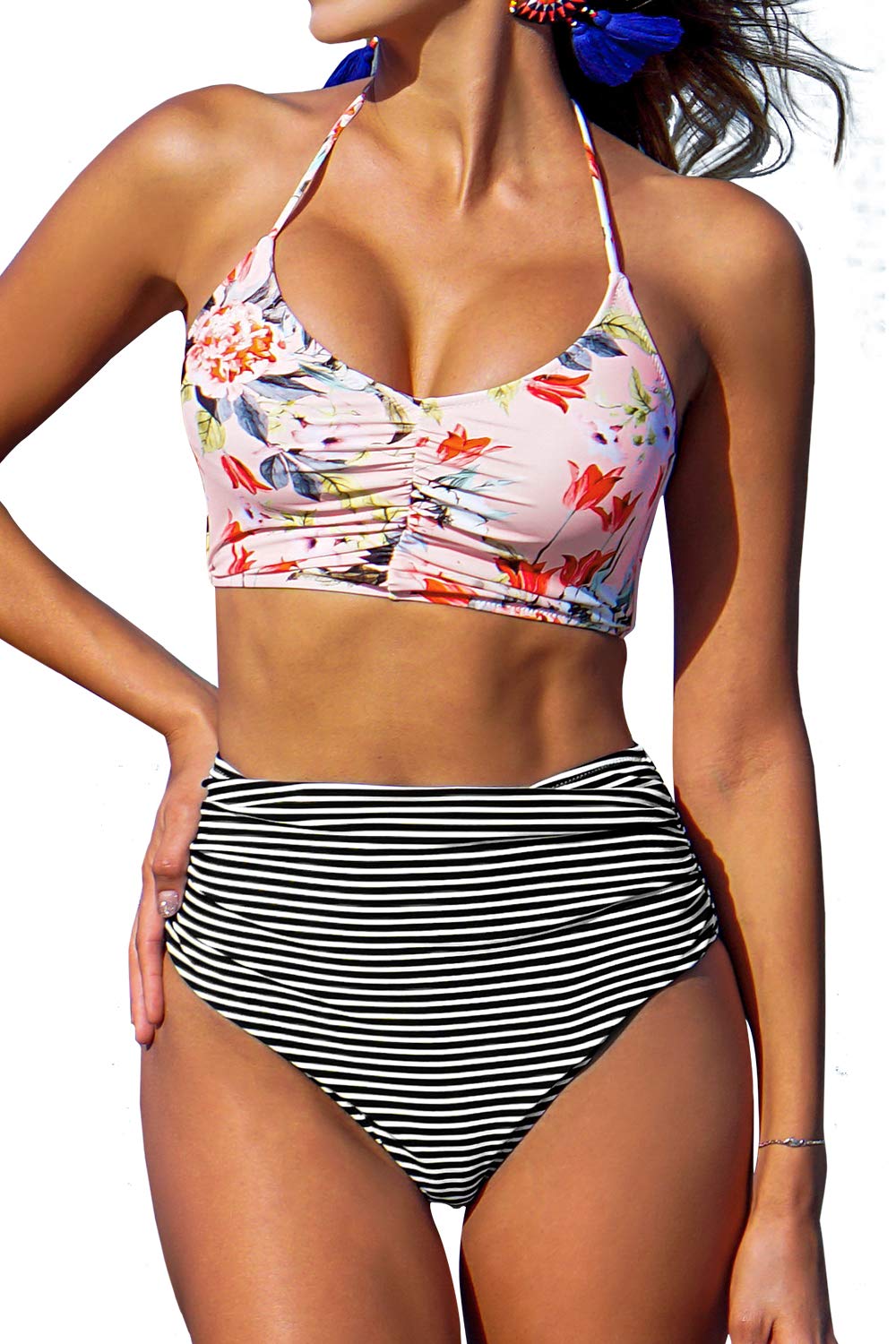 CUPSHE Women’s Bikini Swimsuit Floral Print Halter Lace Up Two Piece Bathing Suit