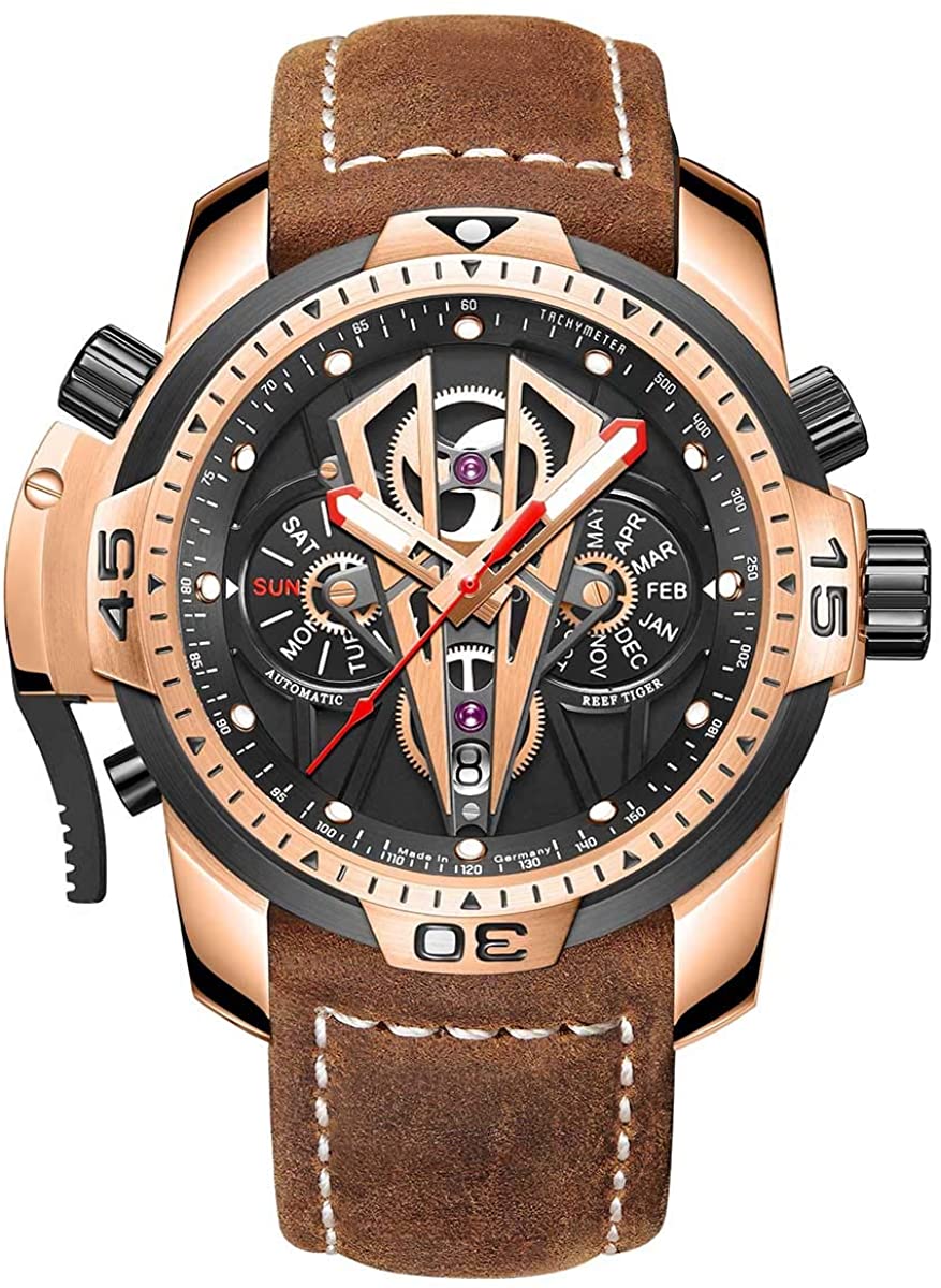 Reef Tiger Mens Sport Mechanical Watches with Steel Black Dial Automatic Watch Calfskin Leather Strap RGA3591