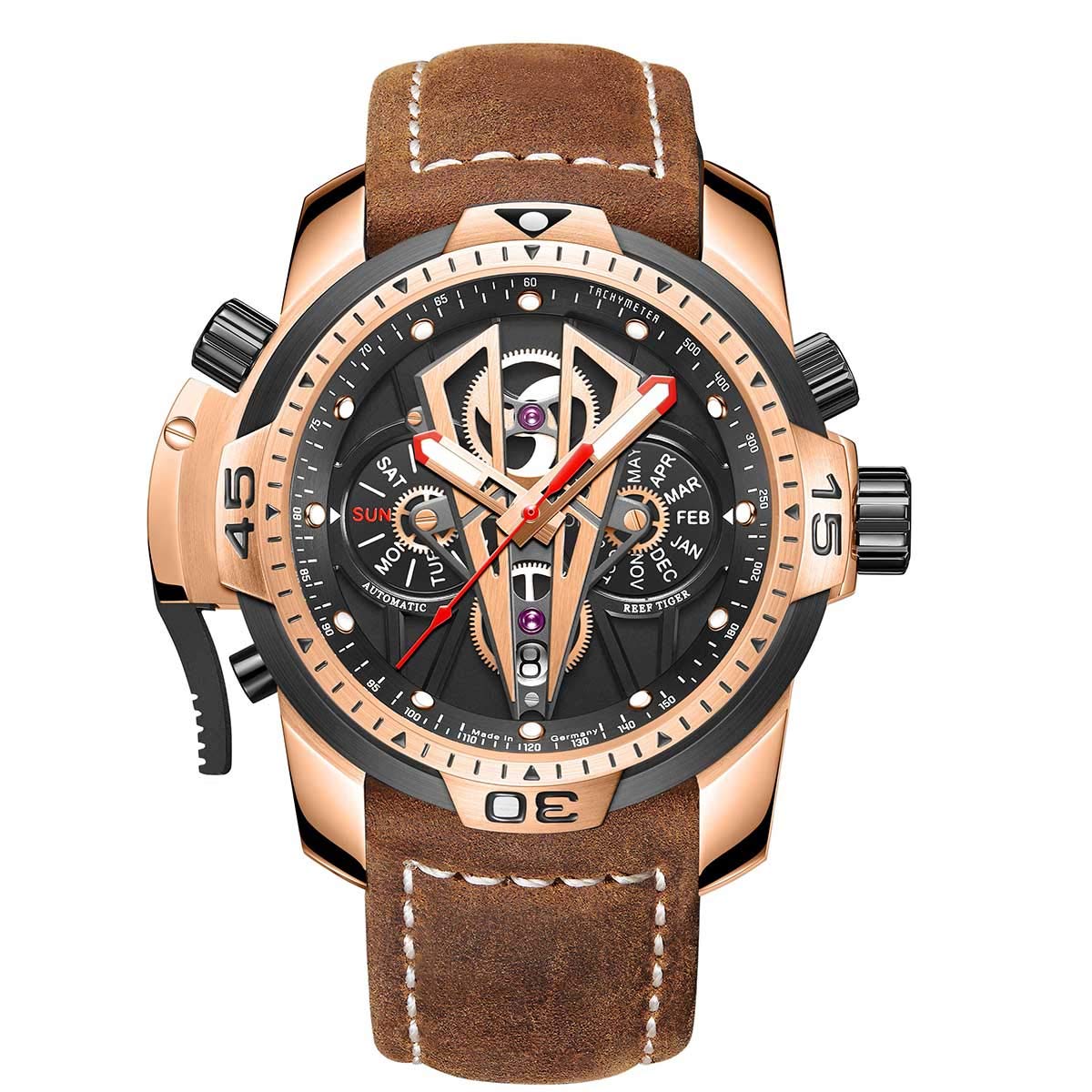 Reef Tiger Mens Sport Mechanical Watches with Steel Black Dial Automatic Watch Calfskin Leather Strap RGA3591