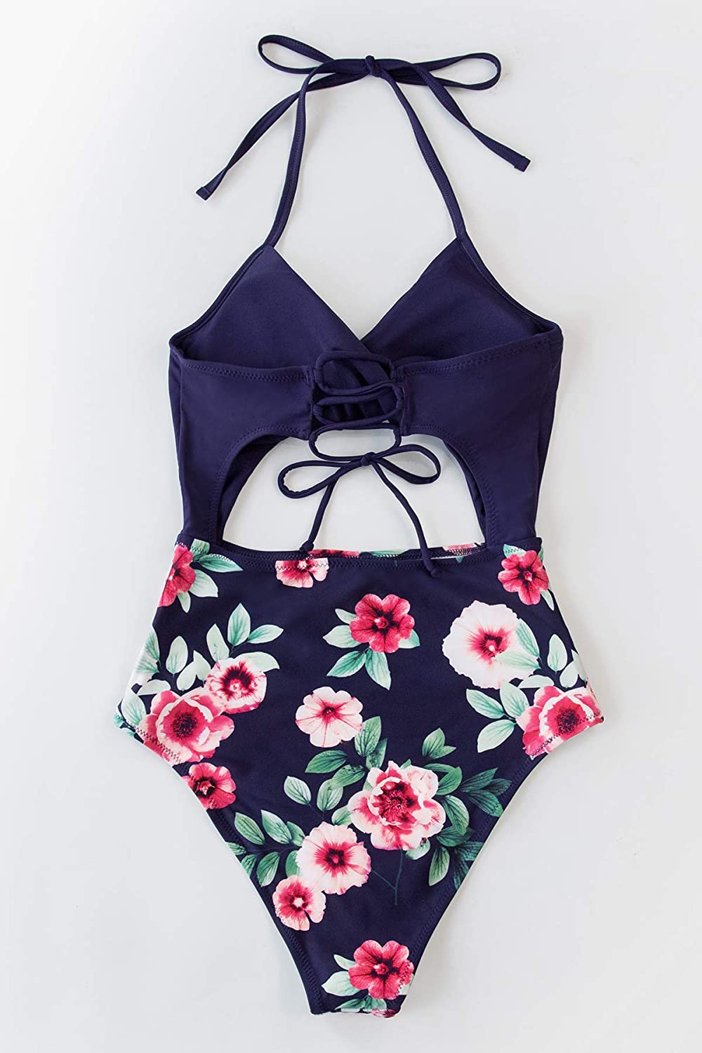 CUPSHE Women's Black Floral Print Halter Cutout High Waist One Piece Swimsuit