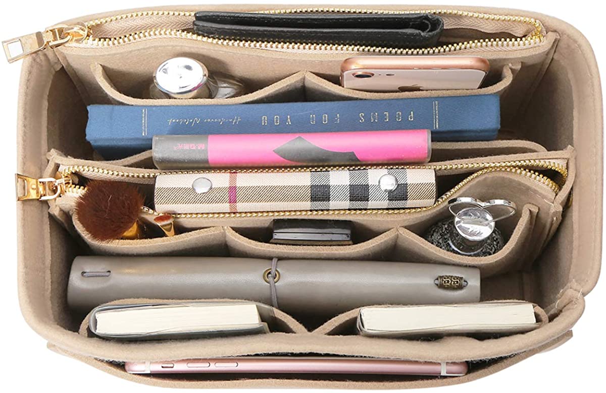 APSOONSELL Felt Purse Organizer Insert with Card Case, Tote Handbag Organizer Bag Insert with Zipper