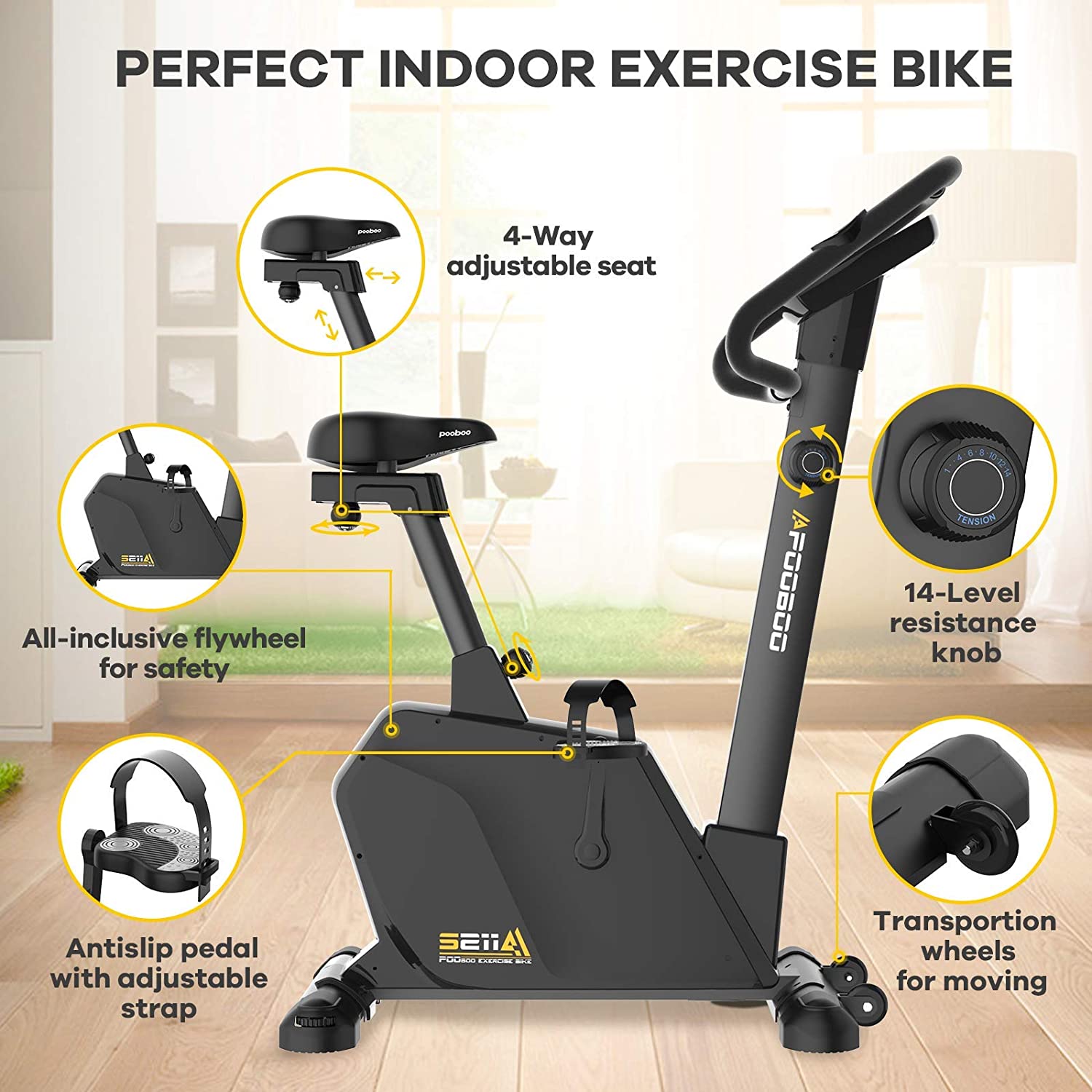 pooboo Magnetic Exercise Bike Upright Bike Stationary with Monitor & Pad holder Home Workout - JOY2ESpree