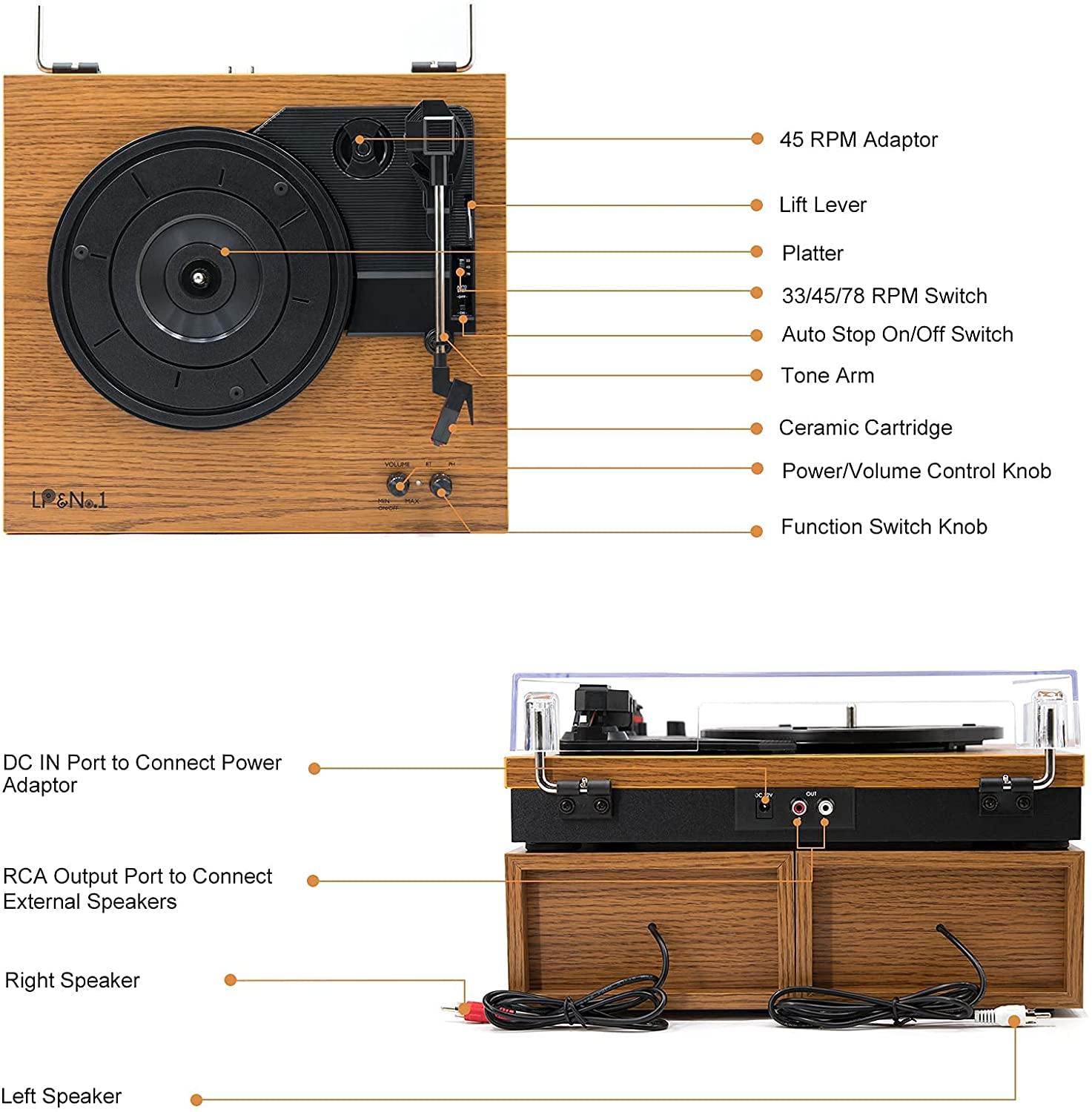 LP&No.1 Retro Bluetooth Record Player with Stereo External Speakers - JOY2ESpree