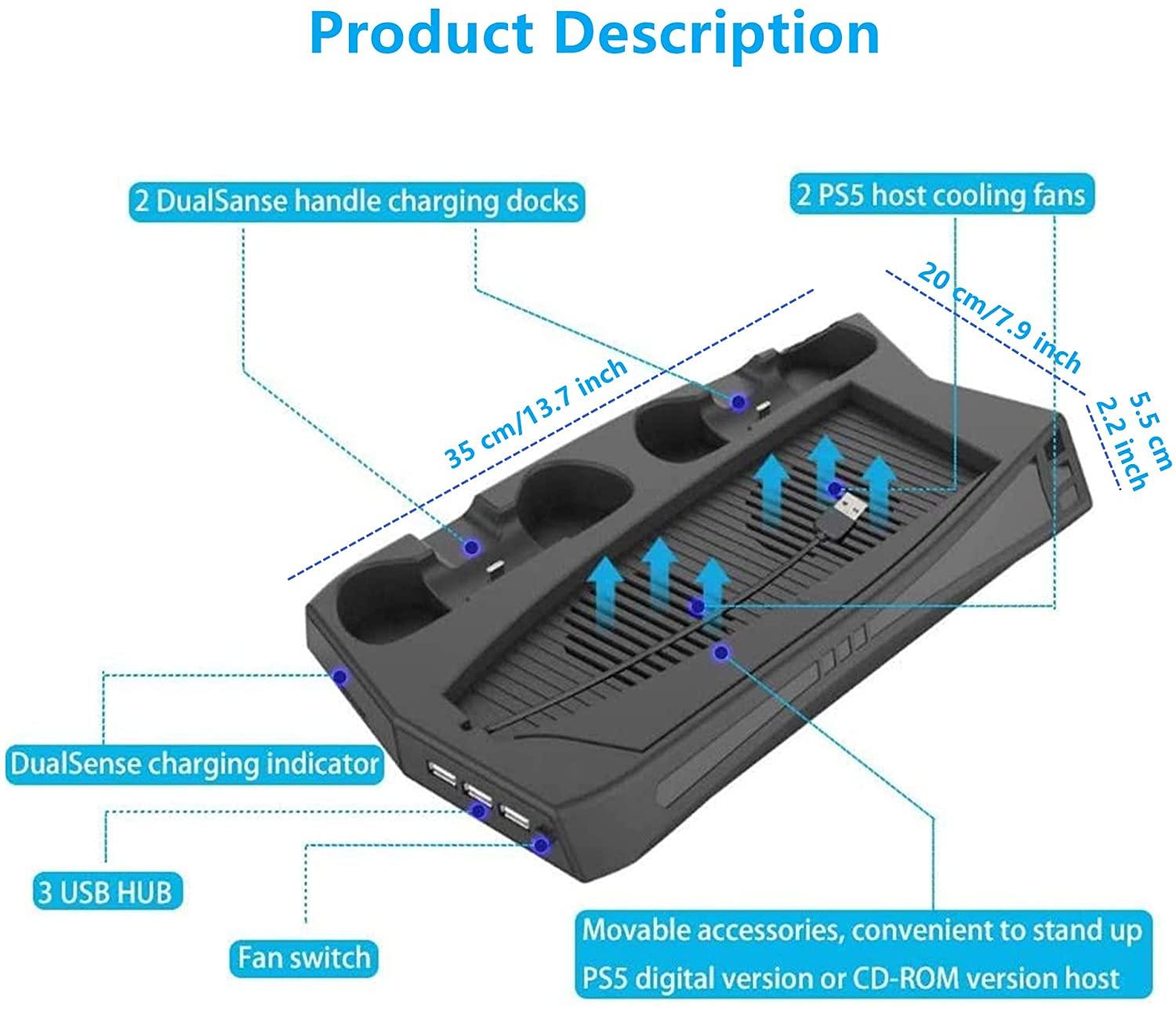 PS5 Console Cooling Fan, Arespark Playstation5 Vertical Edition Console Cooling Stand with Dualsense Controller Charge Station & Game Slots - JOY2ESpree