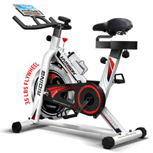 
                        
                          Load image into Gallery viewer, HARISON Exercise Bike Indoor Cycling Bike Belt Driven with iPad Holder 35LBS Flywheel for Home Gym Cardio Workout - JOY2ESpree
                        
                      