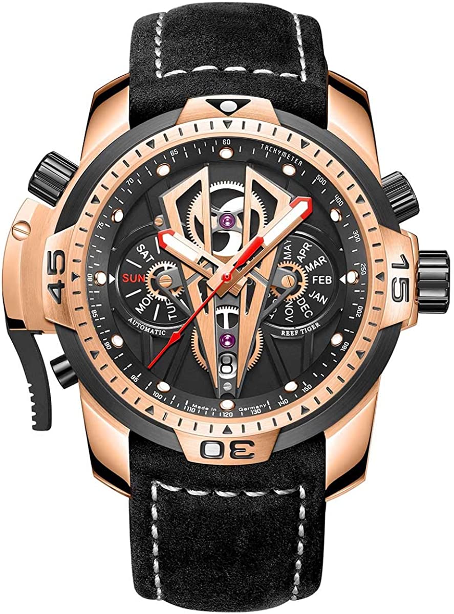 Reef Tiger Mens Sport Mechanical Watches with Steel Black Dial Automatic Watch Calfskin Leather Strap RGA3591