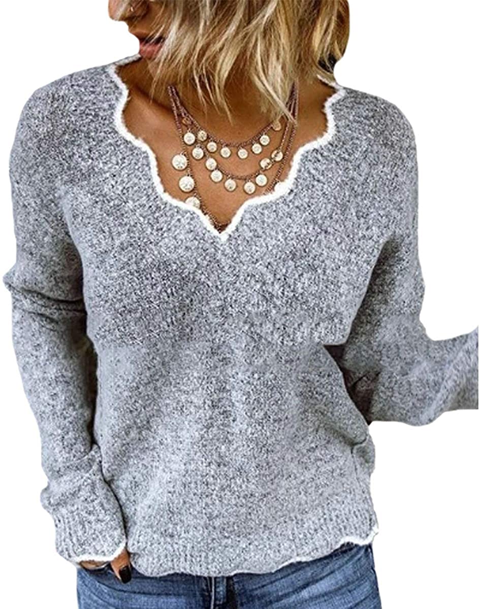 Rungion Womens Long Sleeve V Neck Pullover Sweaters Cute Knitted Winter Oversized Blouse Tops