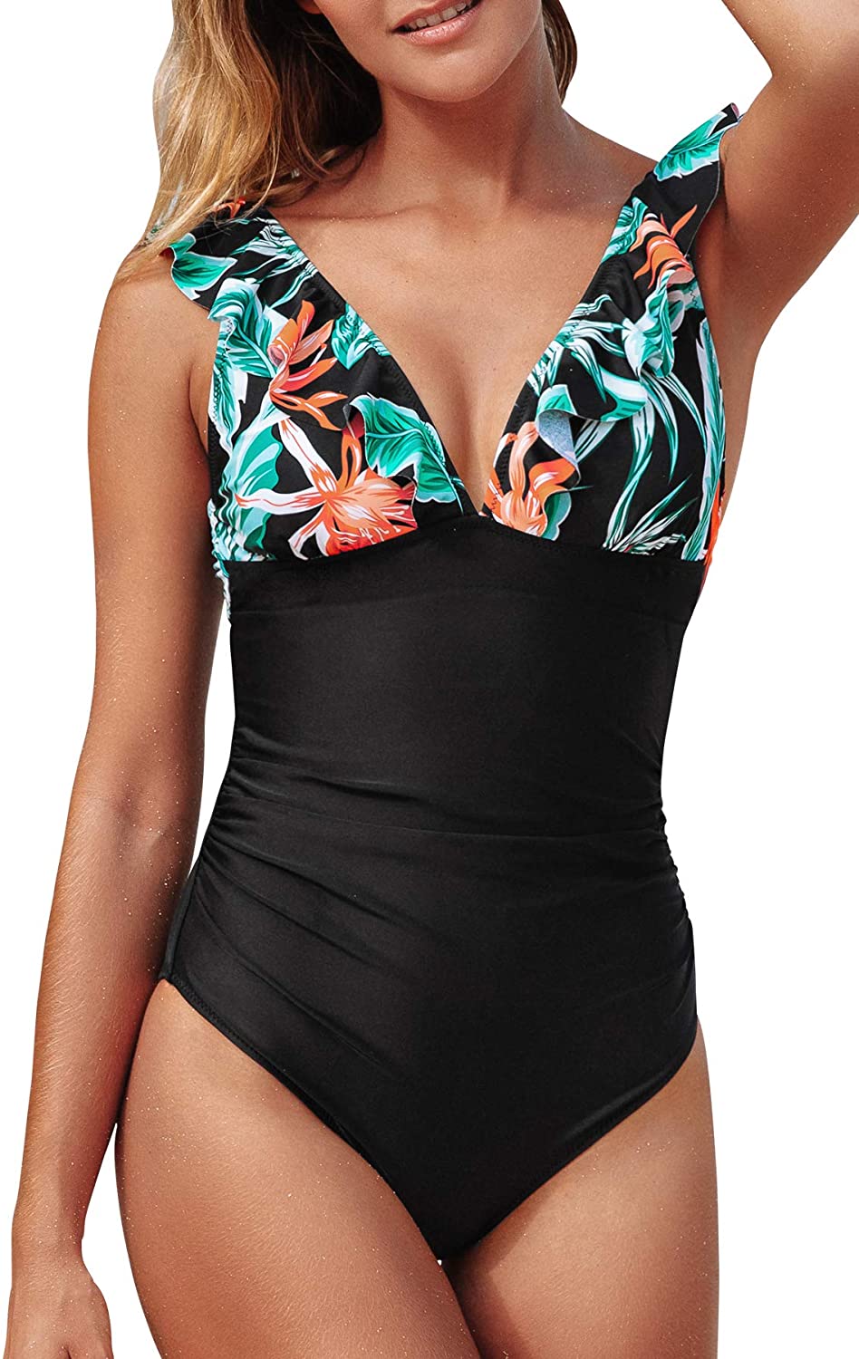 CUPSHE Women's V Neck One Piece Swimsuit Ruffled Lace Up Monokini