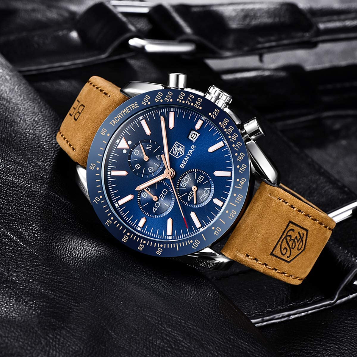 BENYAR Chronograph Mens Watch Quartz Movement 30M Waterproof | Leather Watch Strap