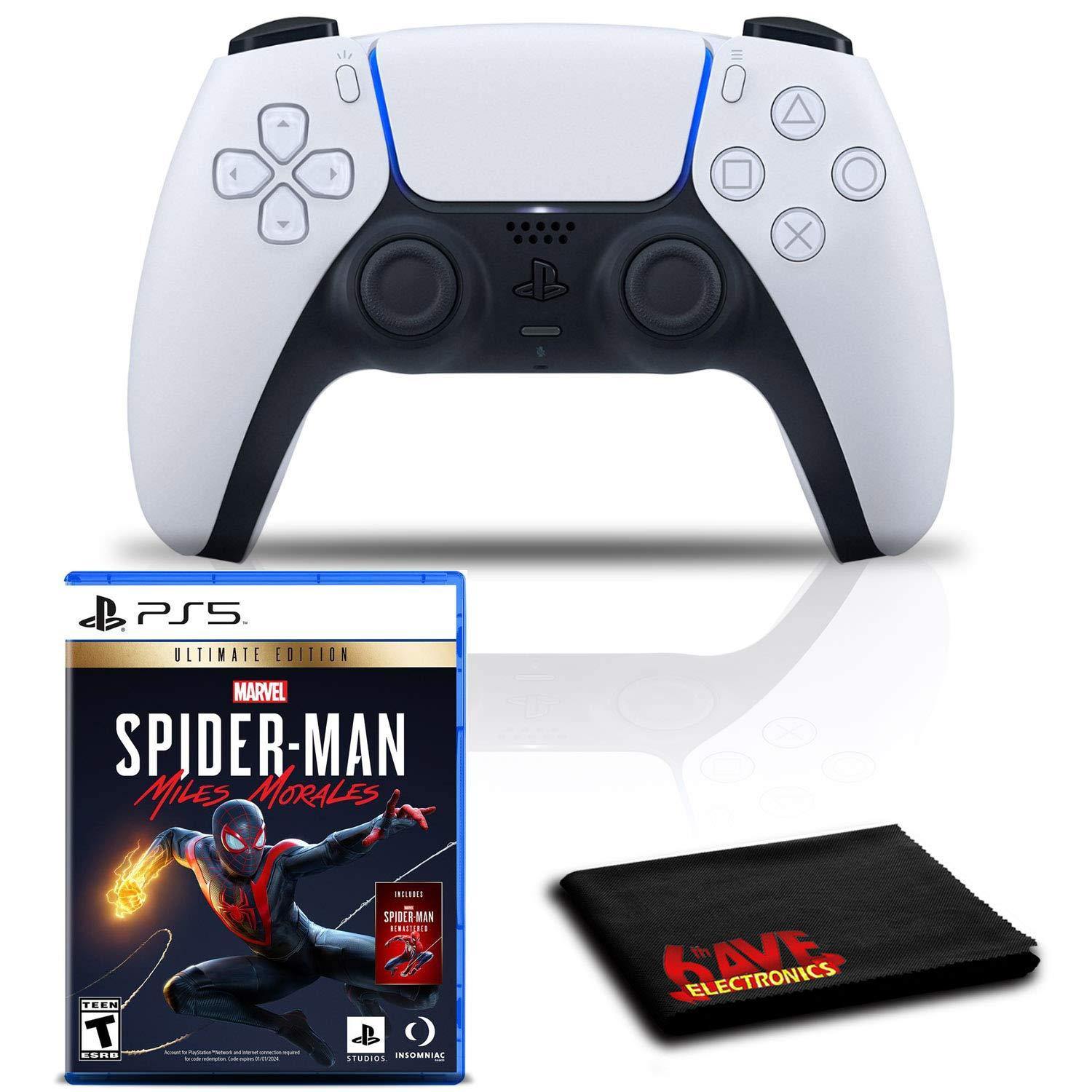 PlayStation 5 DualSense Wireless Controller Bundle with Marvel's Spider-Man: Miles Morales Launch Edition PS5 Game and 6Ave Cleaning Cloth - JOY2ESpree
