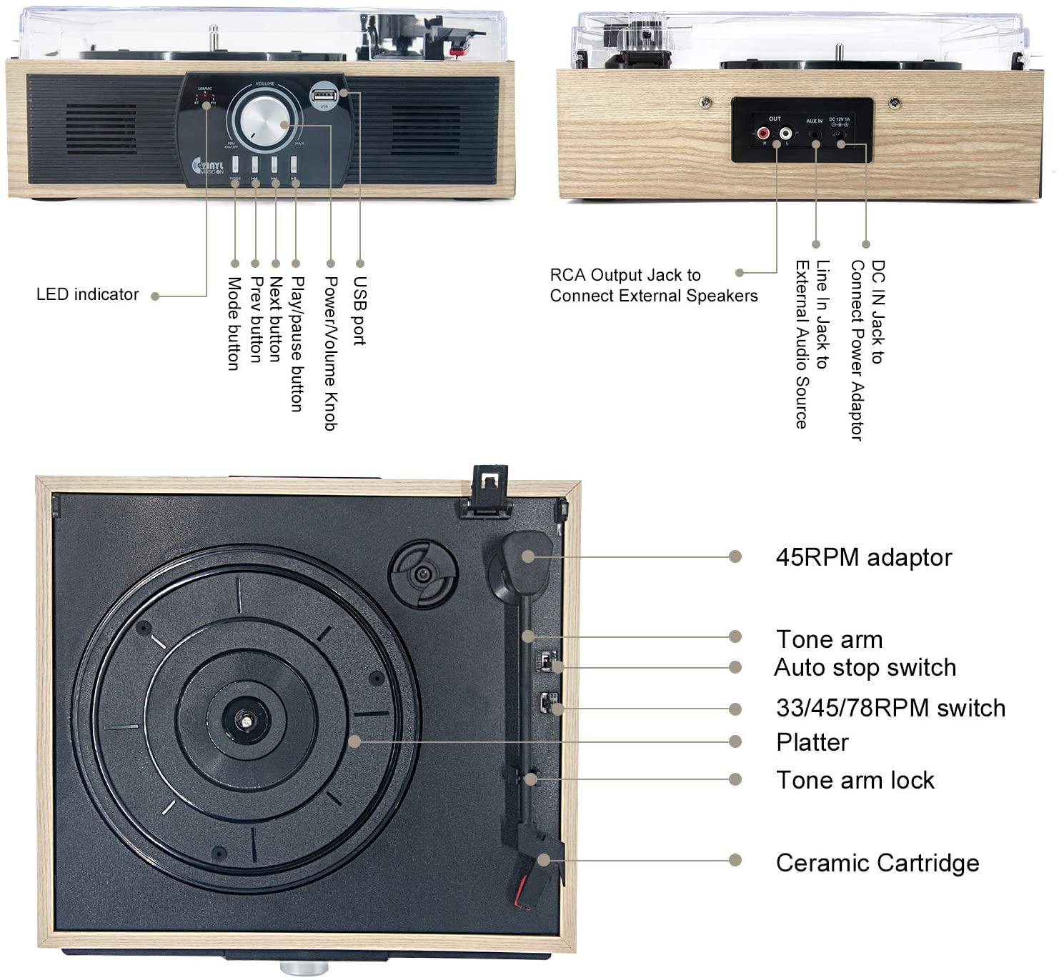 Bluetooth Record Player 3 Speed Craftmanship Turntable with Built-in Premium Speakers Support USB Playback/Recording (Black)… - JOY2ESpree