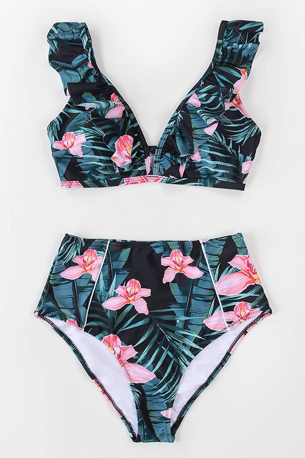CUPSHE Women's High Waist Bikini Swimsuit Ruffle Floral Print Two Piece Bathing Suit