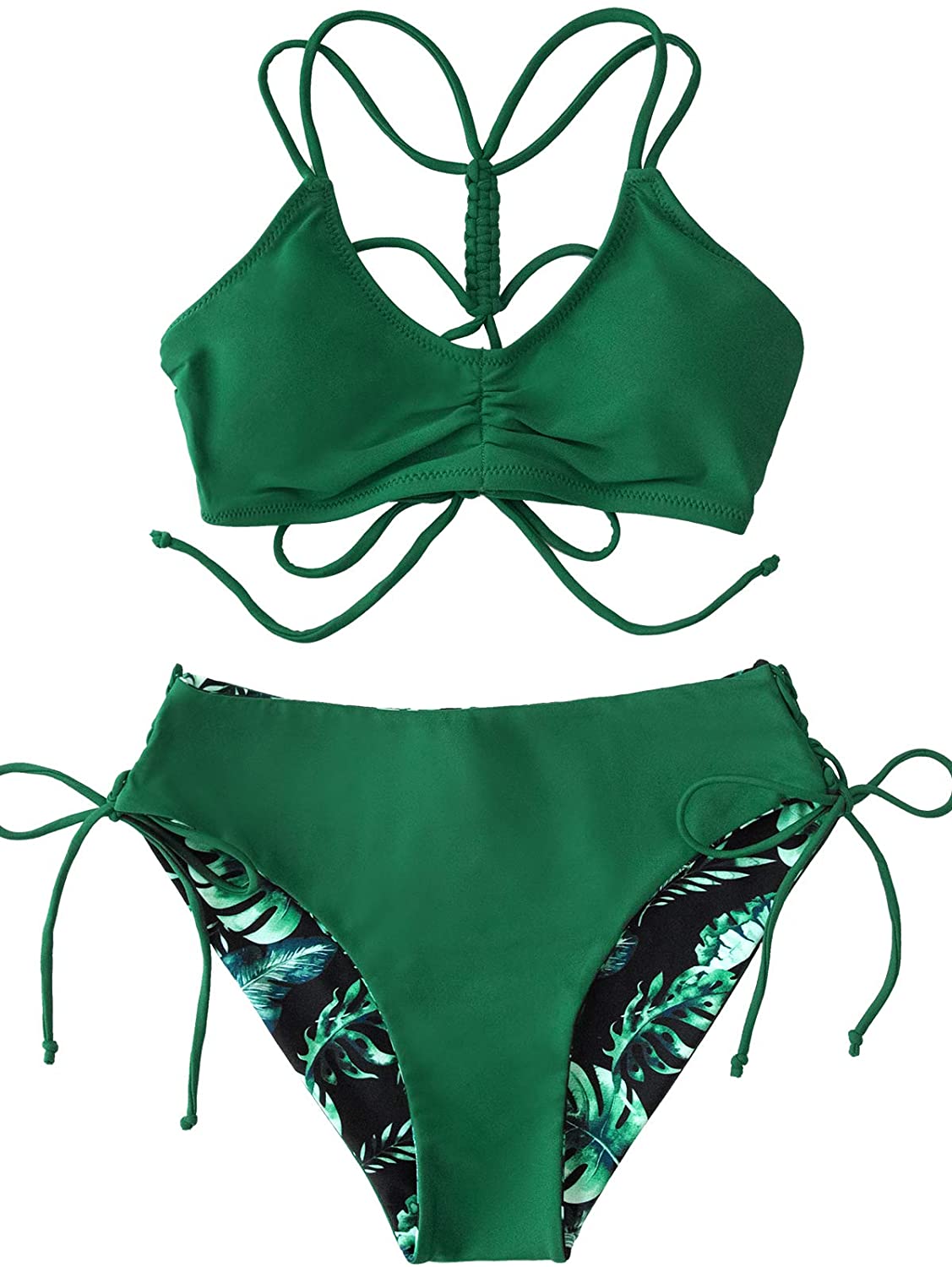 CUPSHE Women's Back Braided Straps Reversible Bottom Strappy Lace Up Bikini Sets