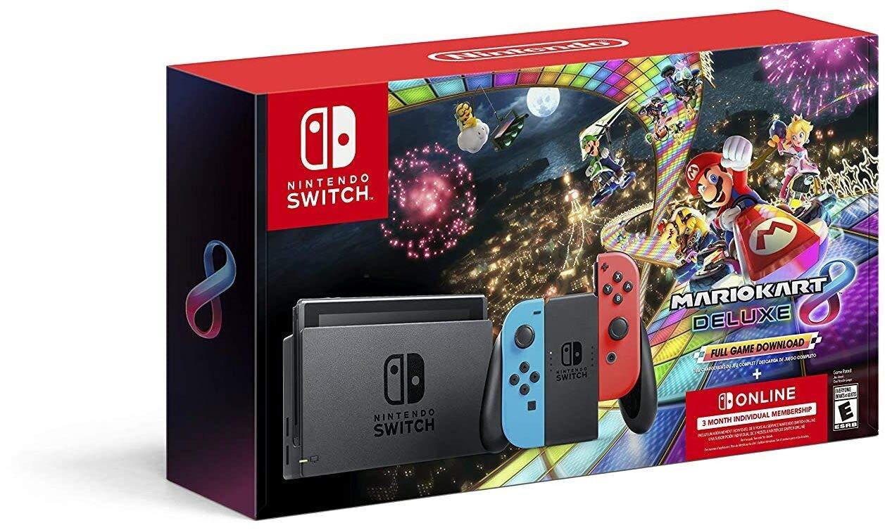 Nintendo Switch w/ Neon Blue & Neon Red Joy-Con + Mario Kart 8 Deluxe (Full Game Download) + 3 Month Nintendo Switch Online Individual Membership - JOY2ESpree
