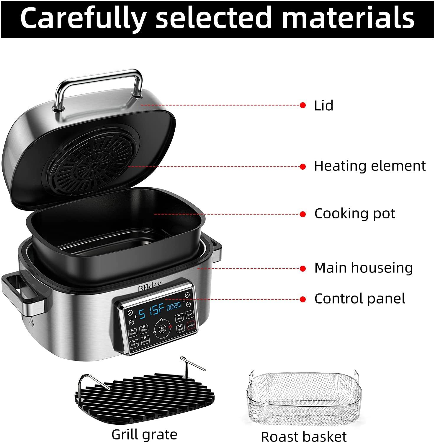 BBday 6.5 QT Air Fryer,10-in-1 Smokeless Indoor Electric Grill with Air Fryer,Roast,Bake and Dehydrate - JOY2ESpree