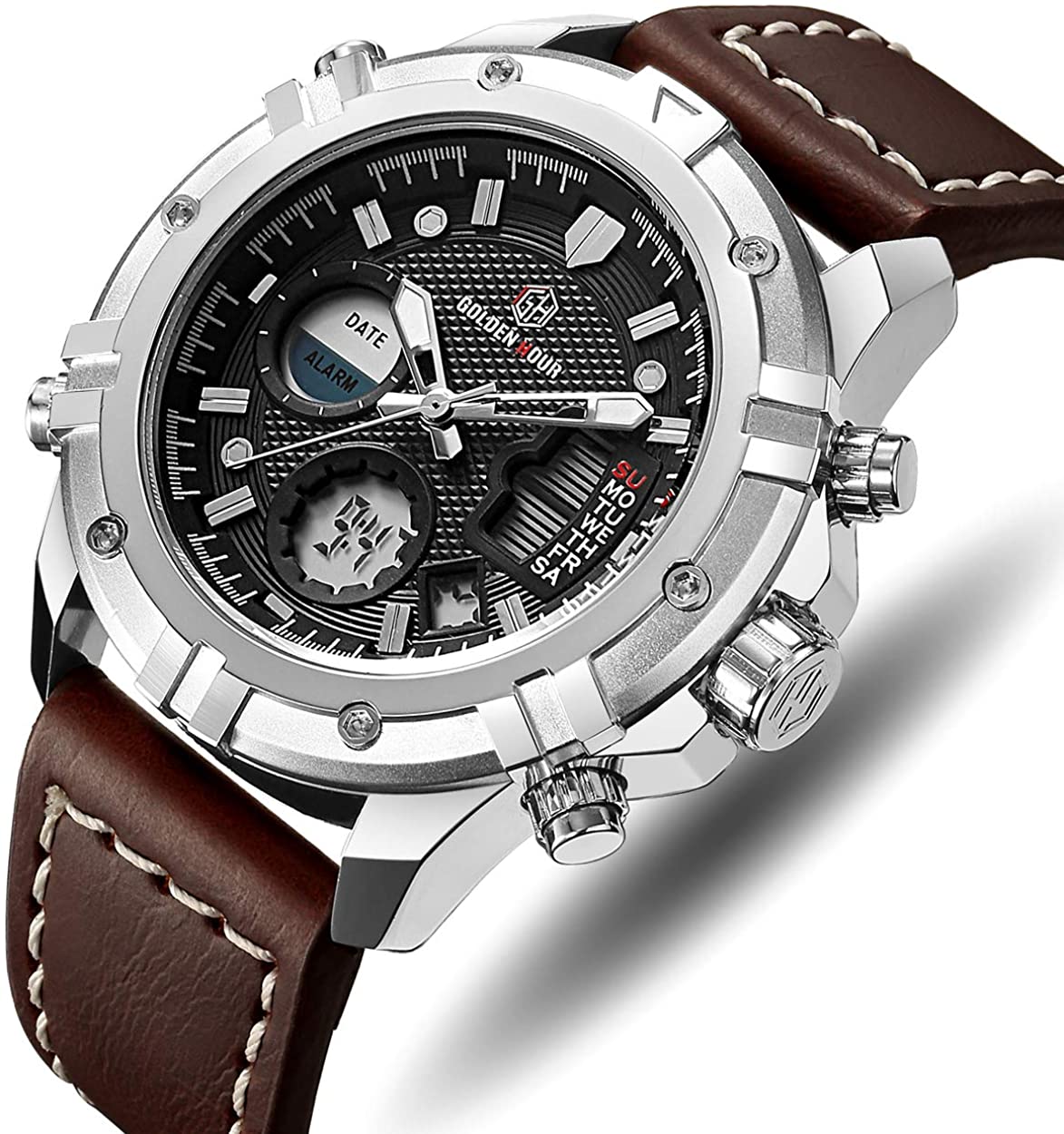 Mens Sport Watch Digital Analog Quartz Waterproof Multifunctional Military Leather Wrist Watches