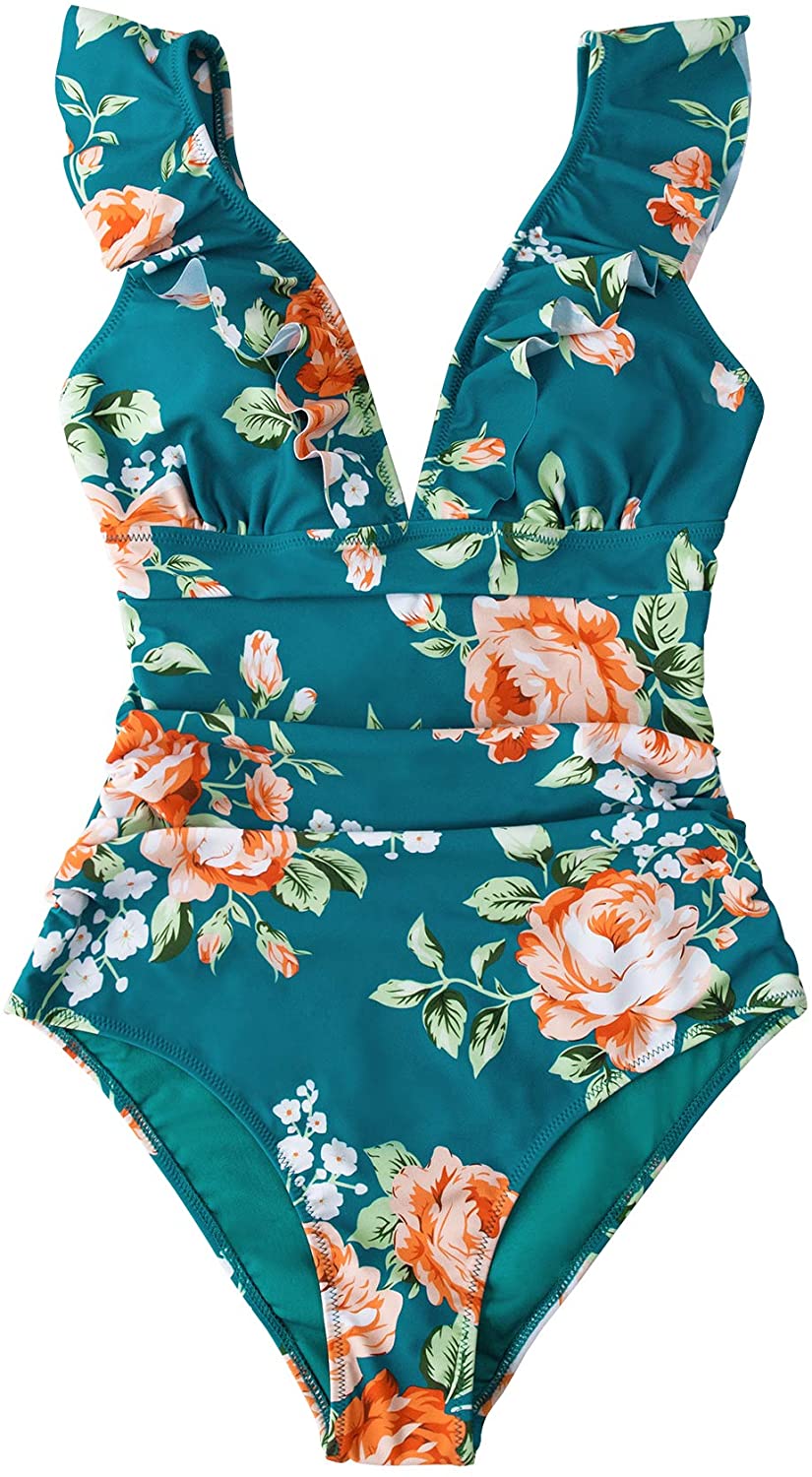 CUPSHE Women's V Neck One Piece Swimsuit Ruffled Lace Up Monokini