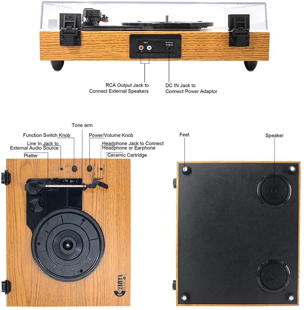 Retro Record Player for 33/45/78 RPM Vinyl Records,Bluetooth Belt-Drive Turntable - JOY2ESpree