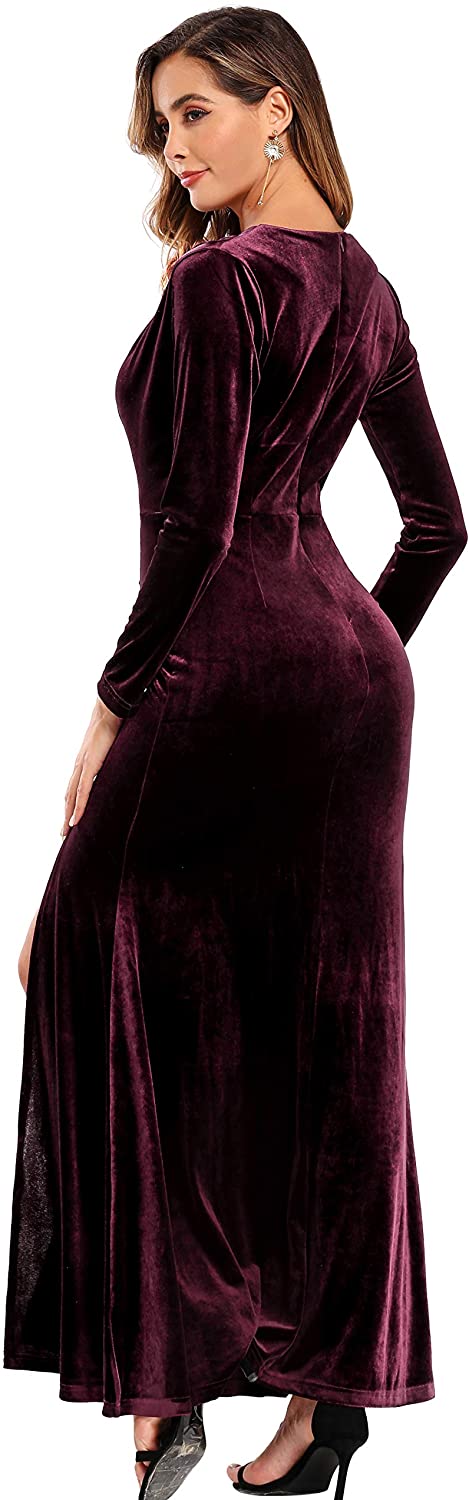 Ababalaya Long Sleeve Wrap Velvet Long Formal Dresses Cocktail Dress