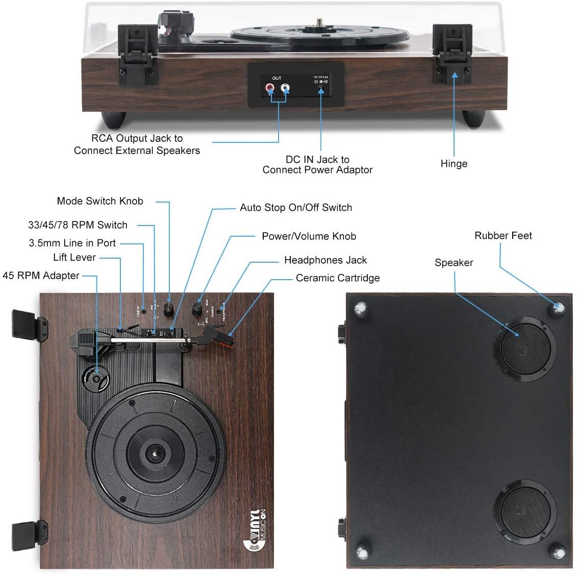 Retro Record Player for 33/45/78 RPM Vinyl Records,Bluetooth Belt-Drive Turntable - JOY2ESpree