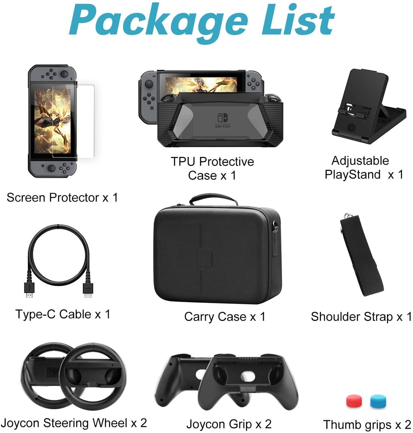 Case Accessories Kit Compatible with Nintendo Switch 12 in 1 Switch Carry Case PlayStand Grip Steering Wheel - JOY2ESpree