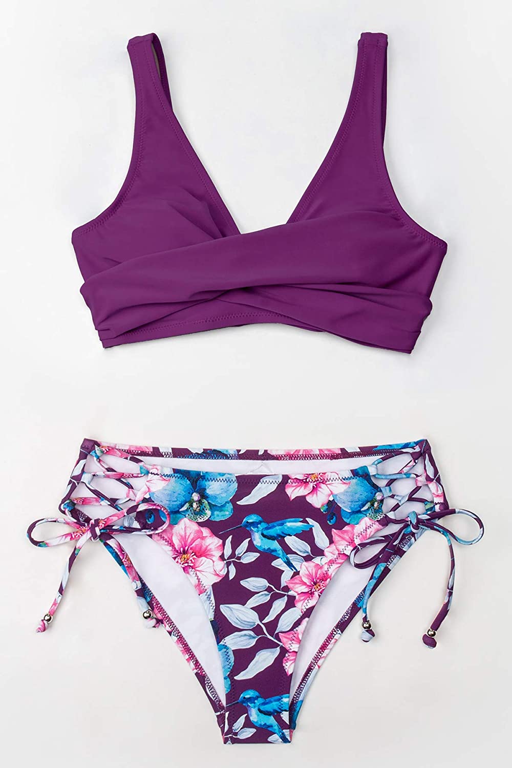 CUPSHE Women's Bikini Swimsuit Floral Print Lace Up Two Piece Bathing Suit