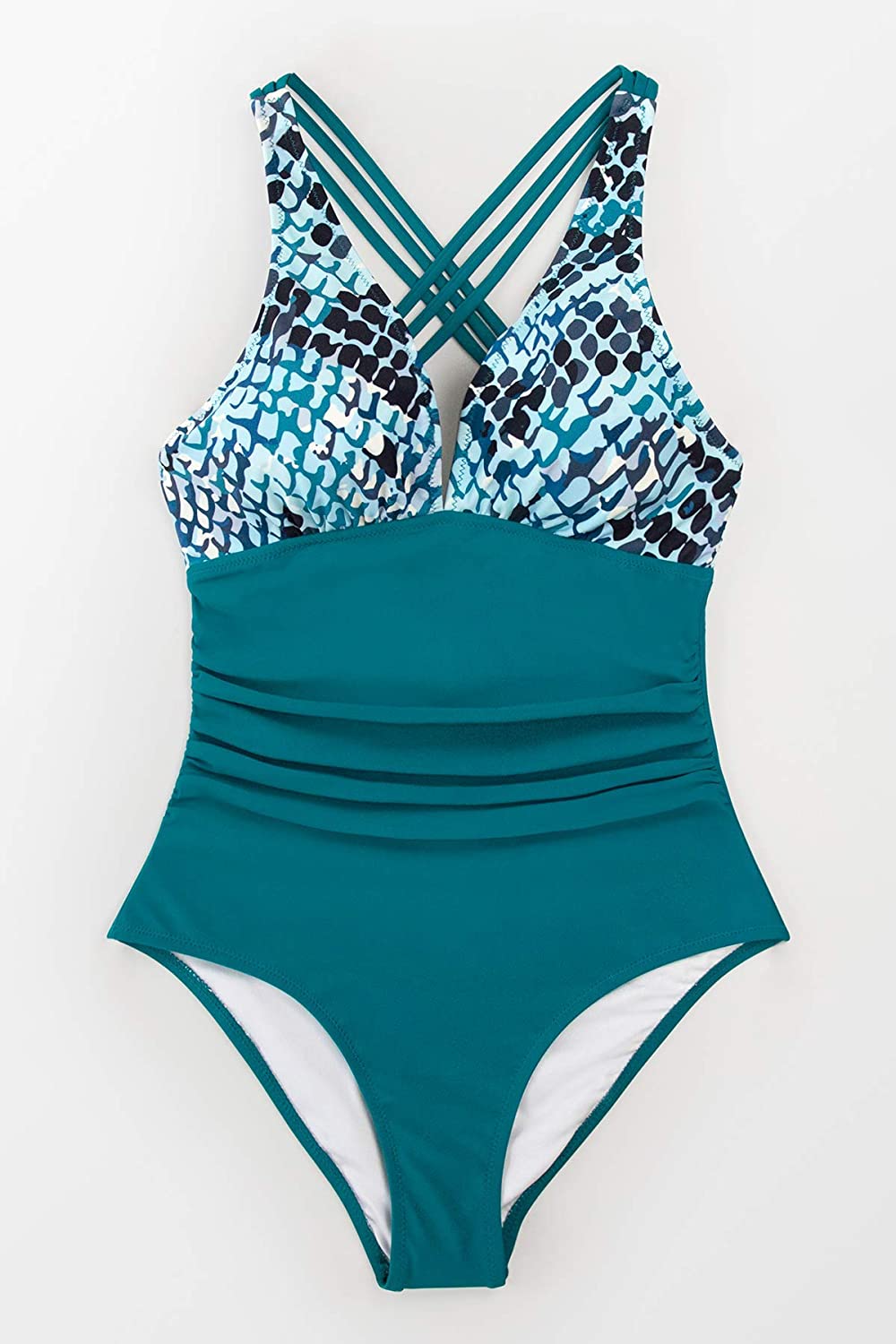 CUPSHE Women's One Piece Swimsuit V Neck Tummy Control Cross Back Vintage Swimwear Bathing Suits