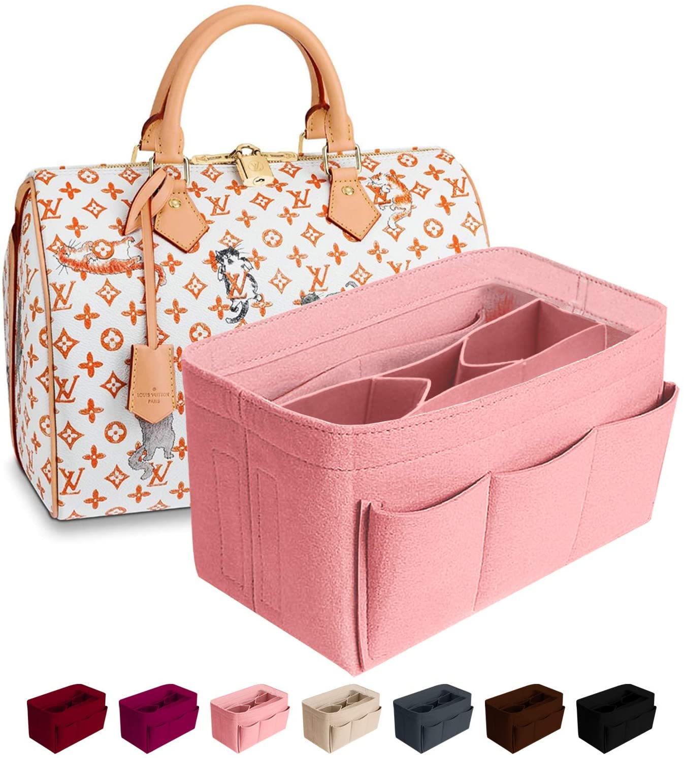 Purse Organizer Insert Felt Bag Organizer Handbag Organizer Insert for Tote fits LV Speedy Neverfull Longchamp, Grey, Medium (Medium, Pink)