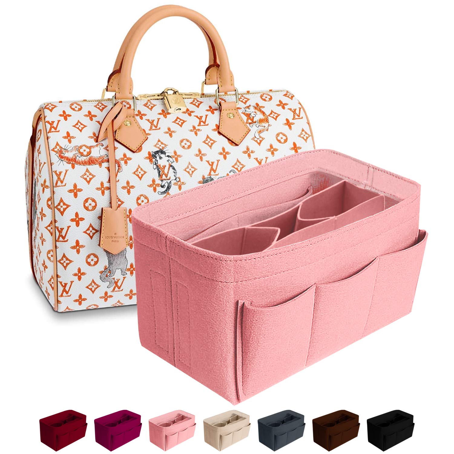 Purse Organizer Insert Felt Bag Organizer Handbag Organizer Insert for Tote fits LV Speedy Neverfull Longchamp, Grey, Medium (Medium, Pink)