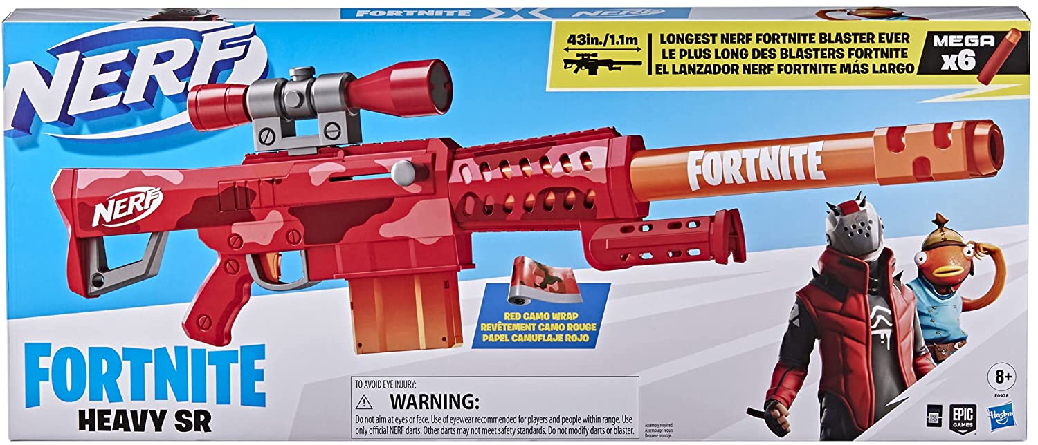 NERF Fortnite Heavy SR Blaster, Longest Fortnite Blaster Ever, Removable Scope, Bolt Action, 6 Official Mega Darts, 6-Dart Clip