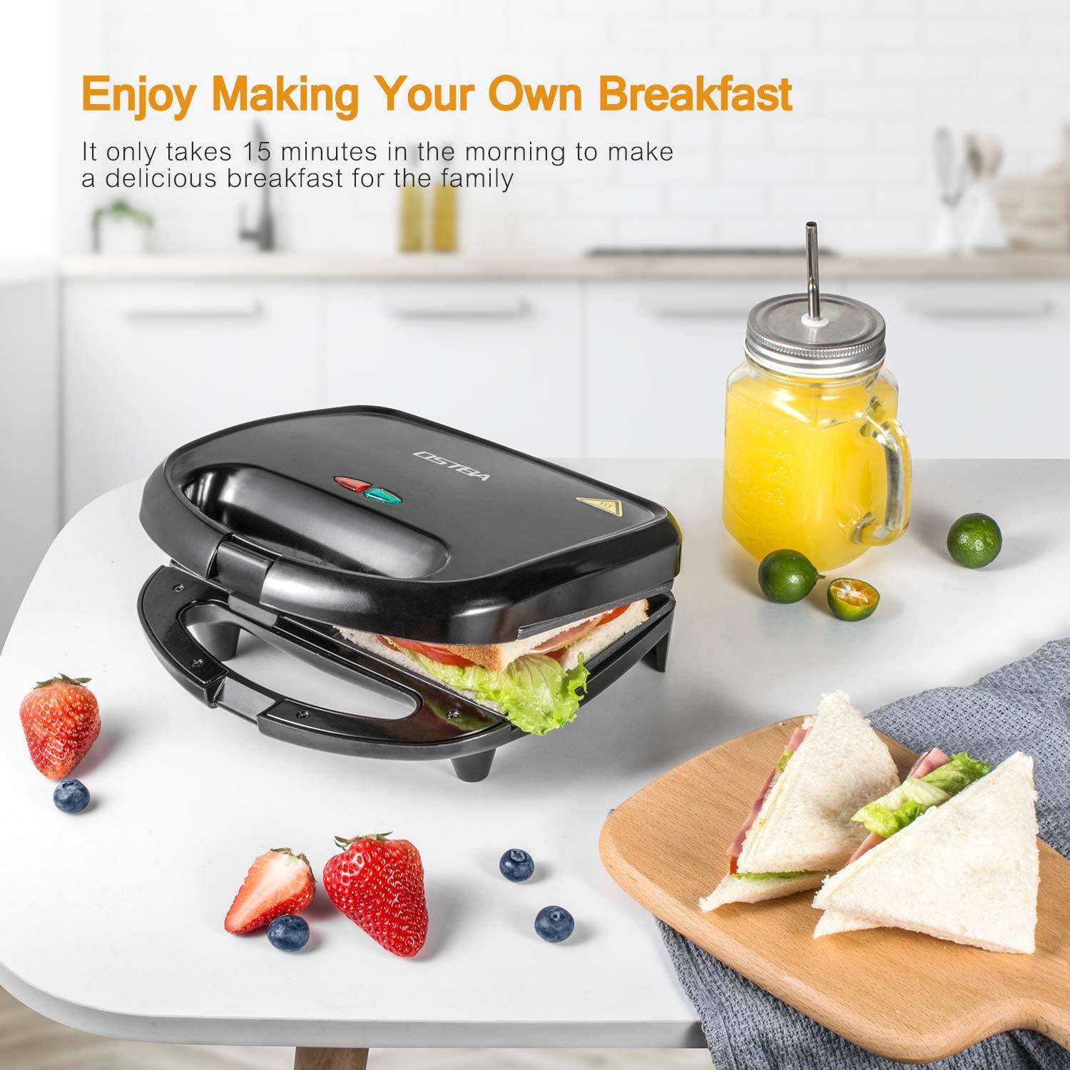 OSTBA Sandwich Maker, Toaster and Electric Panini Press with Non-stick plates, LED Indicator Lights, Cool Touch Handle, Black - JOY2ESpree