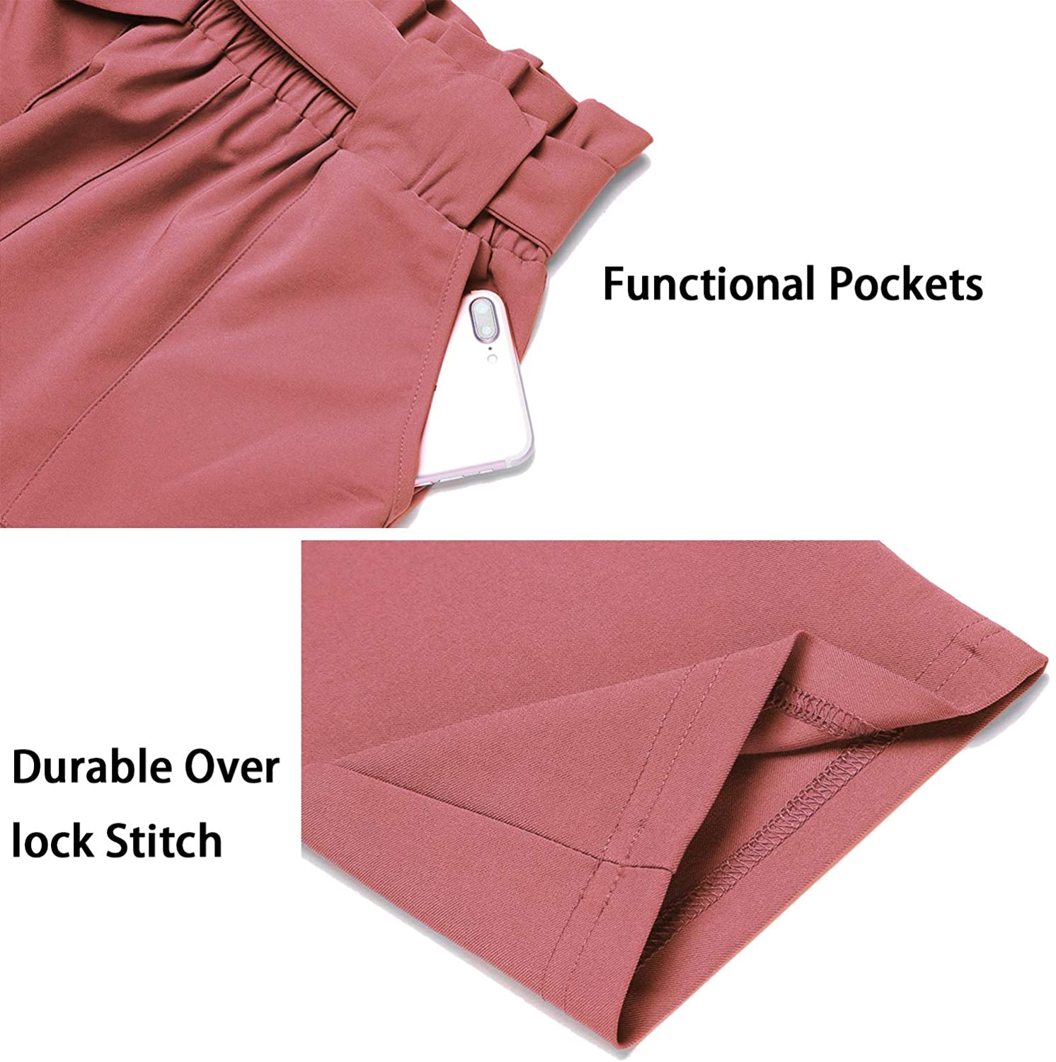 Freeprance Women's Pants Casual Trouser Paper Bag Pants Elastic Waist Slim Pockets