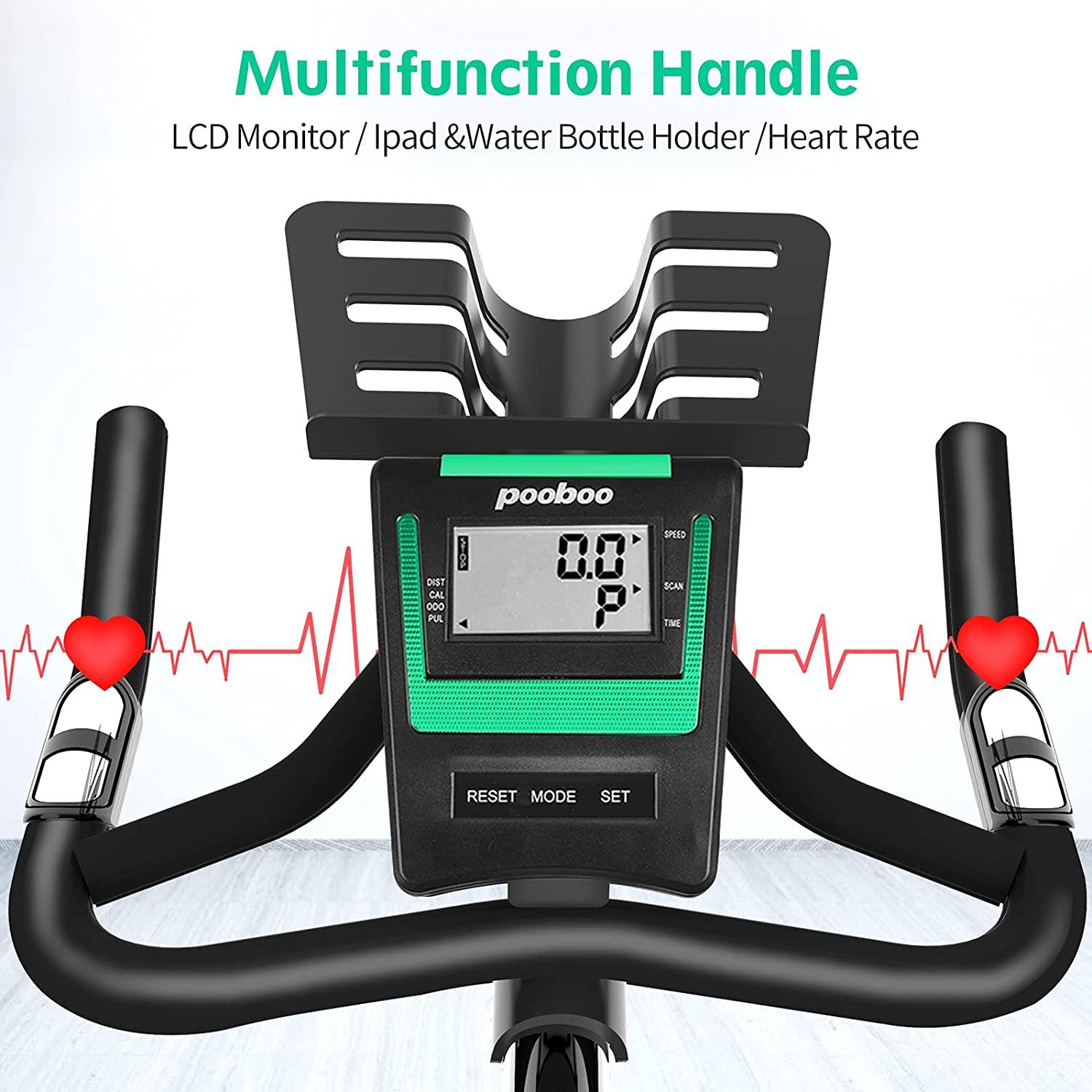 Pooboo Indoor Cycling Bike Belt Drive Exercise Bike Stationary with Comfortable Seat Cushion, Tablet Holder and LCD Monitor for Home Workout - JOY2ESpree