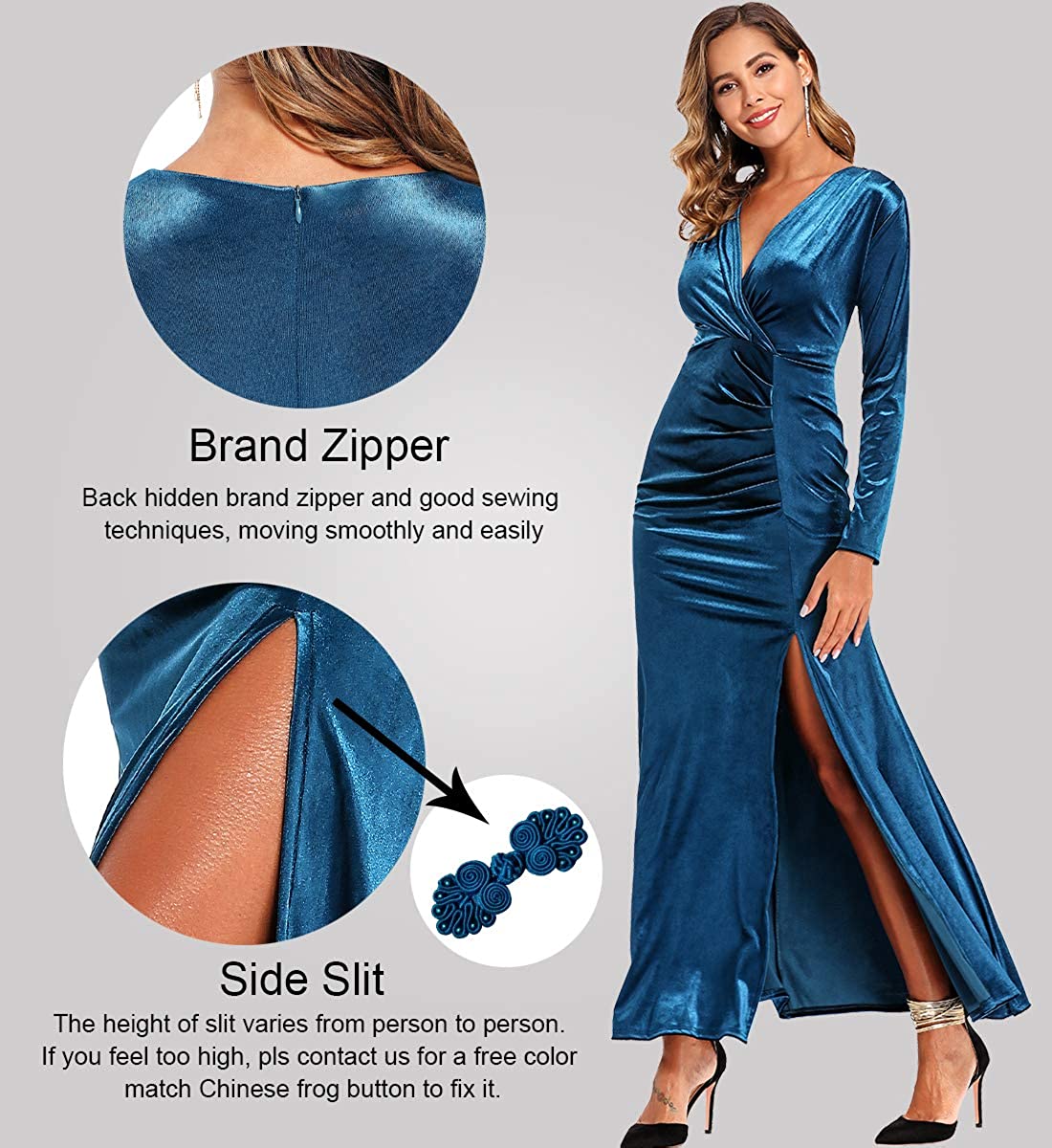 Ababalaya Long Sleeve Wrap Velvet Long Formal Dresses Cocktail Dress