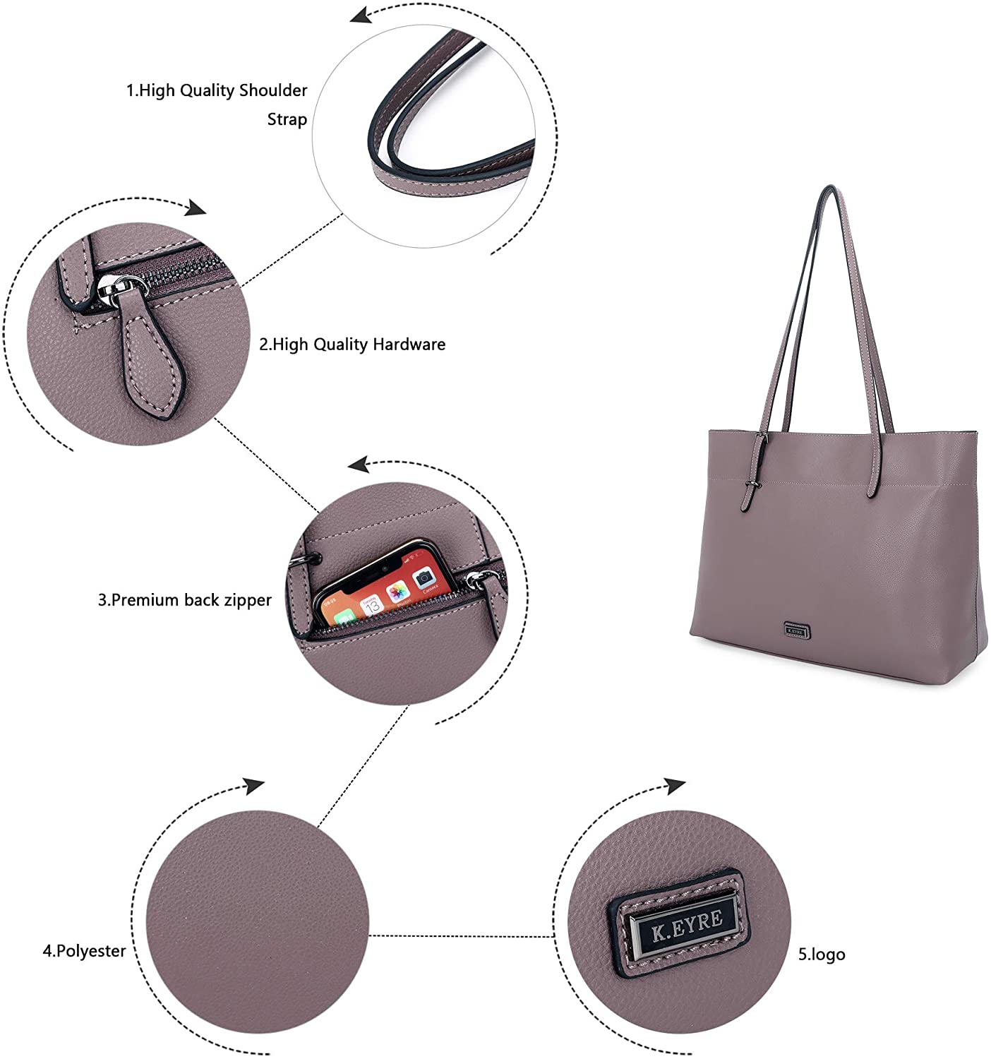 K.EYRE Women's Soft Faux Leather Tote Bag Purse Handbags Wallet Tote Shoulder Bag Purse Large Capacity
