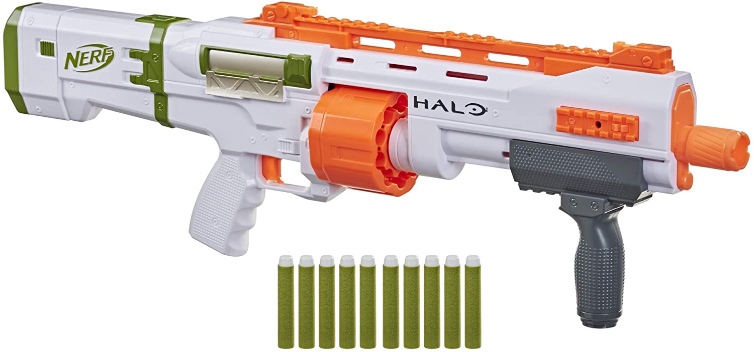 NERF Halo Bulldog SG Dart Blaster -- Pump-Action, Rotating 10-Dart Drum, Tactical Rails, 10 Official Elite Darts, Skin Unlock Code