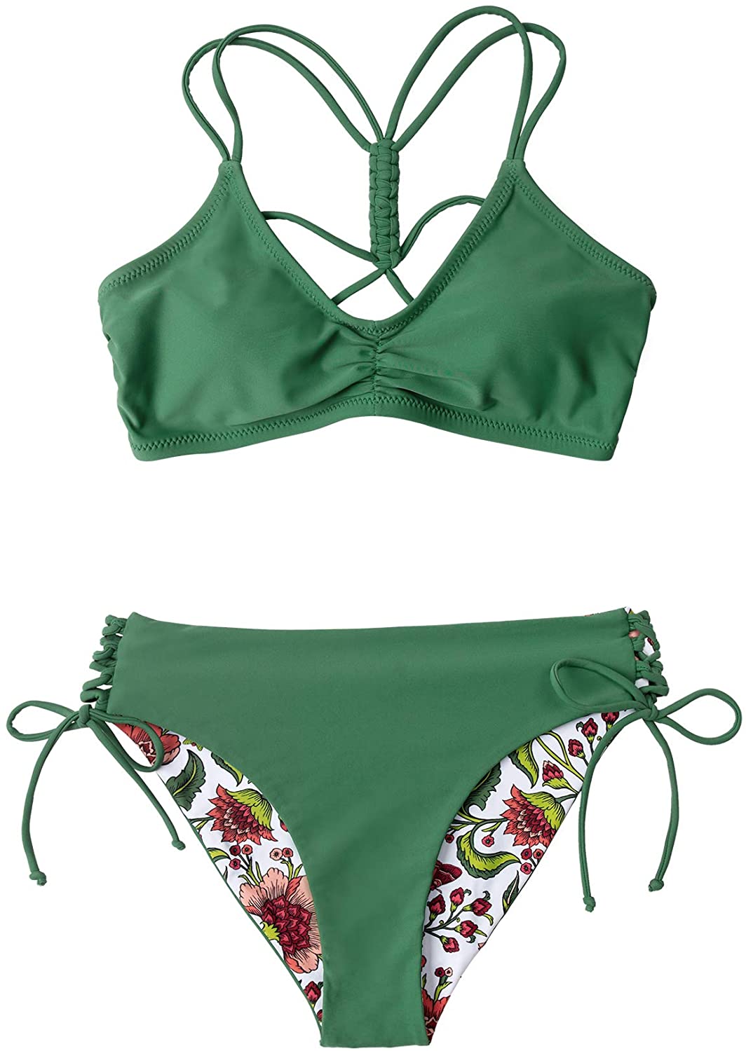 CUPSHE Women's Back Braided Straps Reversible Bottom Strappy Lace Up Bikini Sets