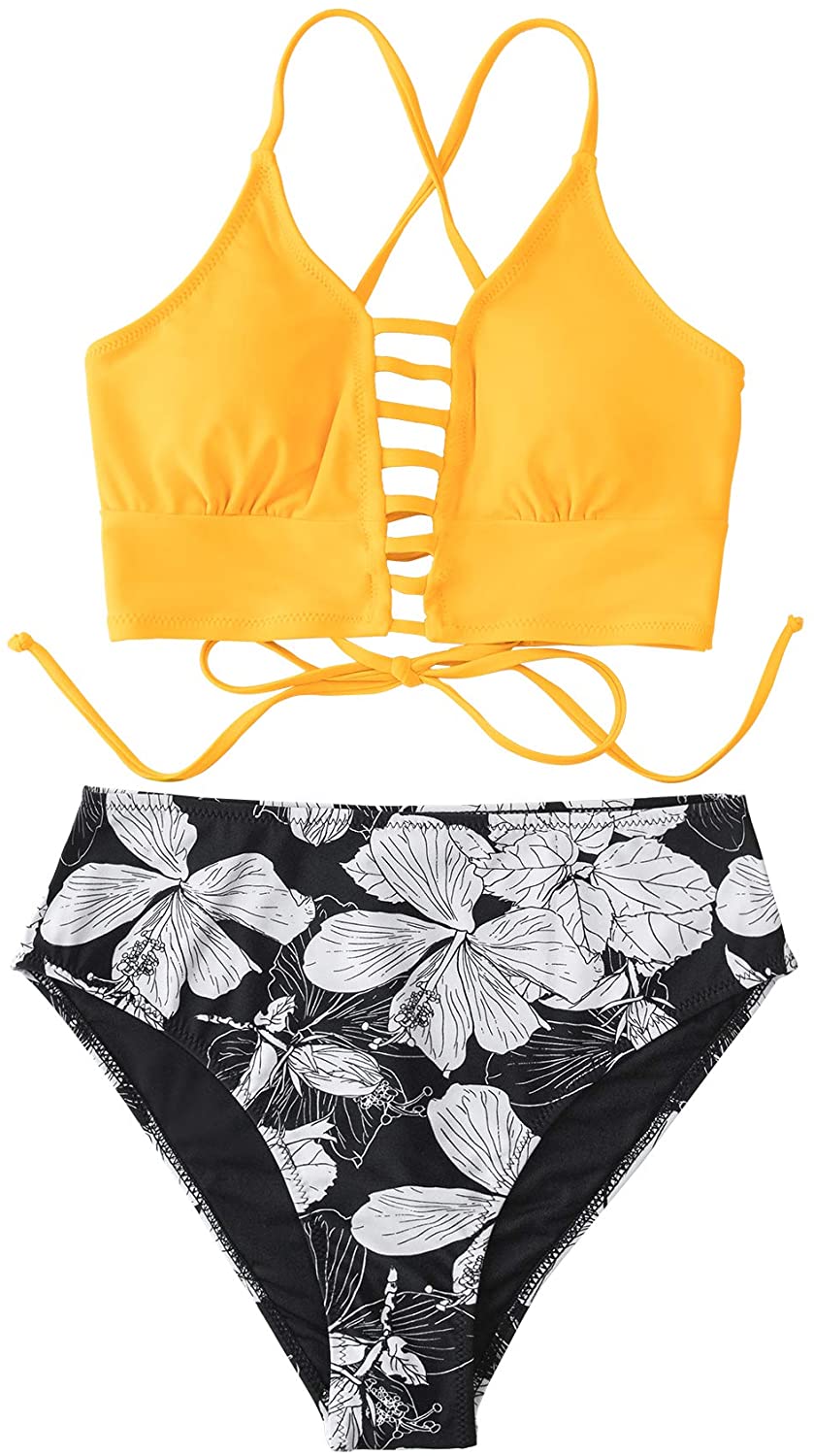 CUPSHE Women’s Bikini Swimsuit Floral Print Lace Up Strappy Two Piece Bathing Suit