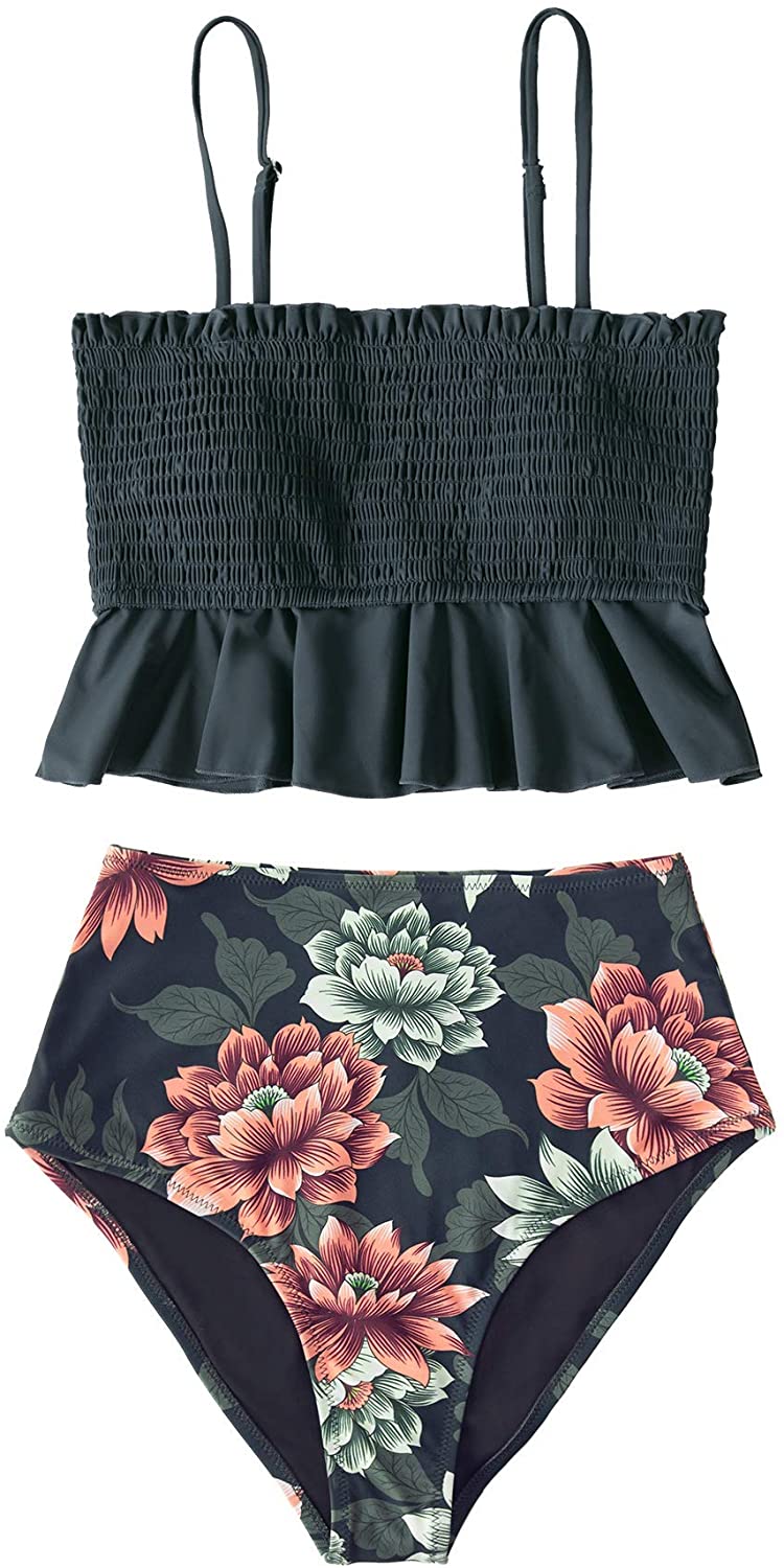 CUPSHE Women's High Waist Bikini Swimsuit Ruffle Smock Floral Print Two Piece Bathing Suit