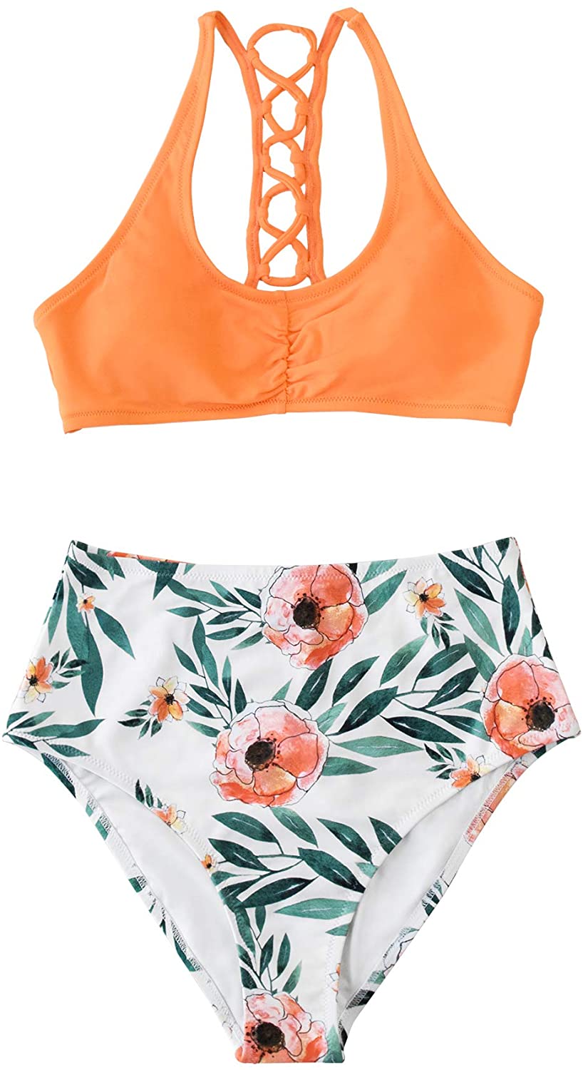 CUPSHE Women's High Waisted Bikini Floral Lace Up Two Piece Swimsuits