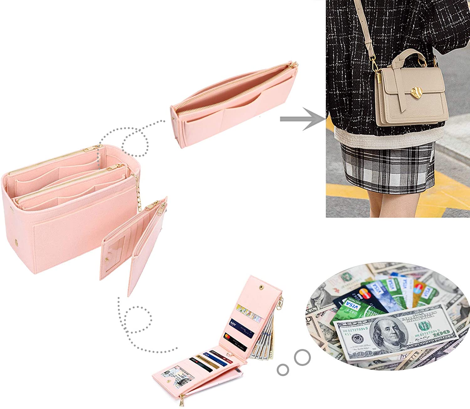 APSOONSELL Felt Purse Organizer Insert with Card Case, Tote Handbag Organizer Bag Insert with Zipper