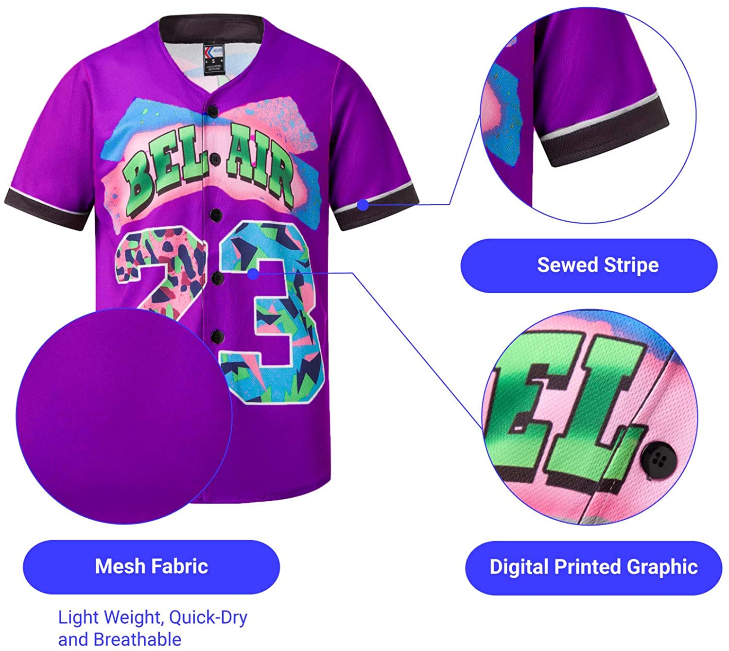 MOLPE 90s Hip Hop Clothing for Men and Women, Unisex Bel Air 23 Baseball Jersey, Mens Printed Urban Shirts for Party