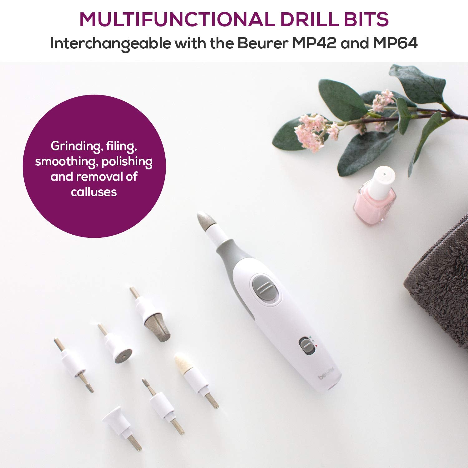 Beurer 14-piece Professional Manicure & Pedicure Nail Drill Kit, Cordless, 10 Attachments, 3 Speed Settings