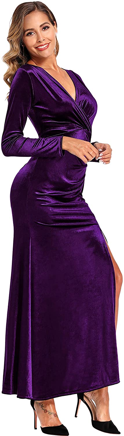 Ababalaya Long Sleeve Wrap Velvet Long Formal Dresses Cocktail Dress