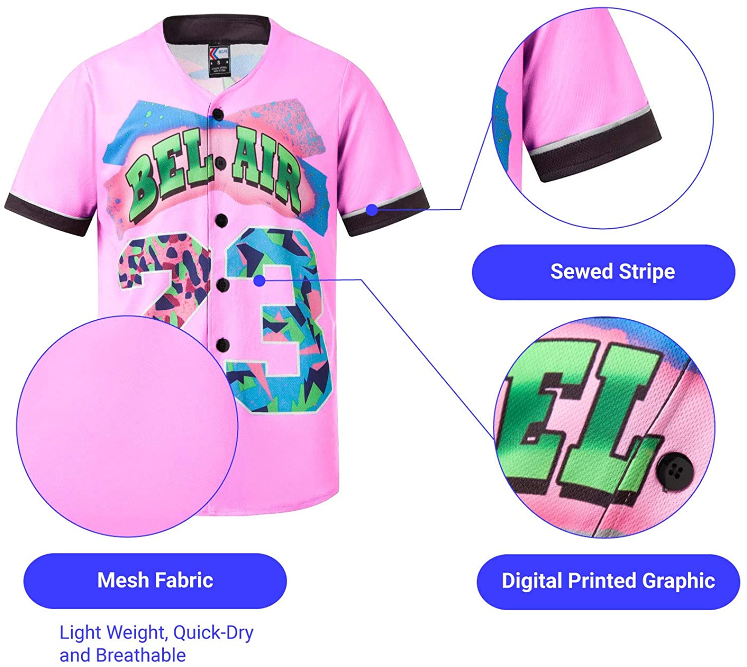 MOLPE 90s Hip Hop Clothing for Men and Women, Unisex Bel Air 23 Baseball Jersey, Mens Printed Urban Shirts for Party