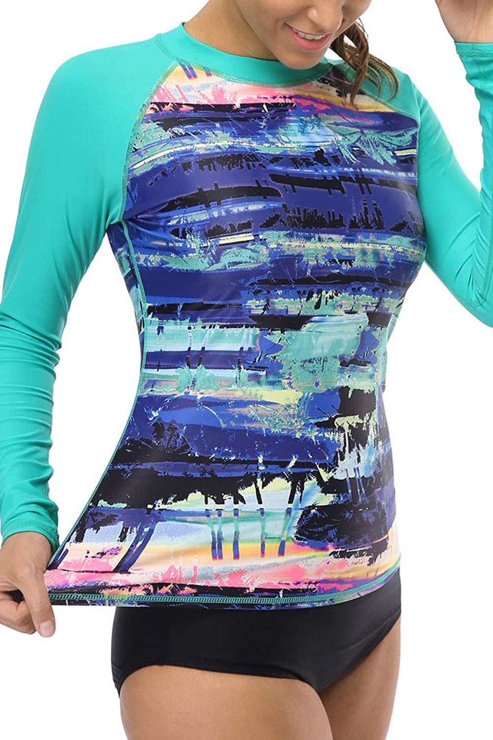 CharmLeaks Women's Long Sleeve Rashguard UPF 50 Sun Protection Swimsuit Top Striped Swim Shirts