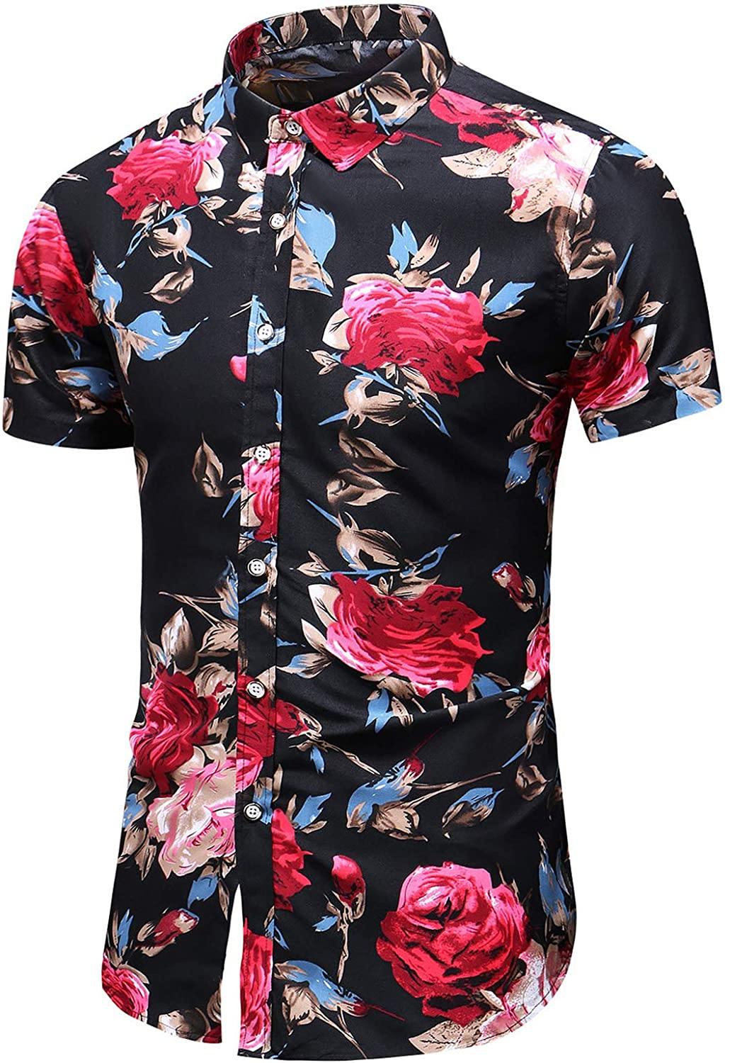 LEFTGU Men's Slim fit Floral Printed Beach Hawaiian Button-Down Dress Shirt
