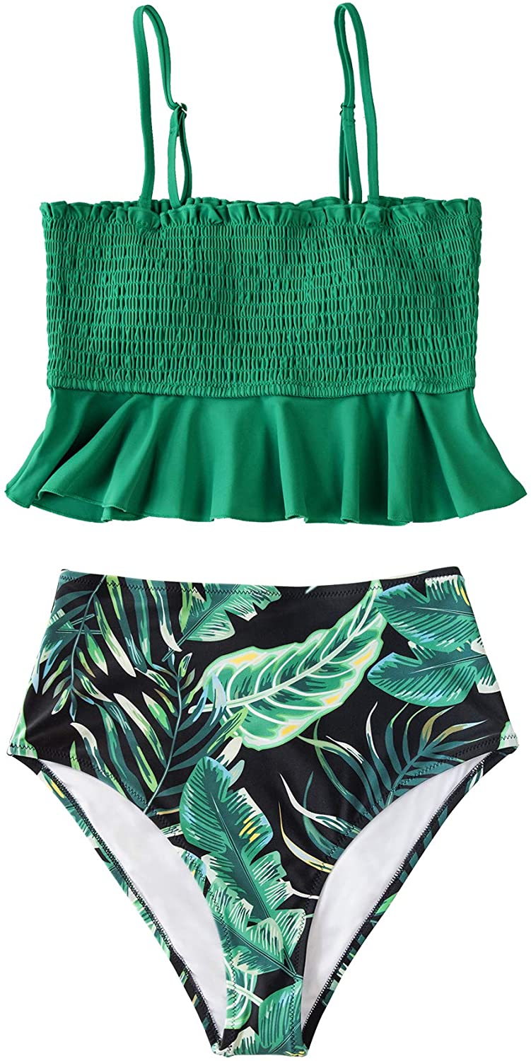 CUPSHE Women's High Waist Bikini Swimsuit Ruffle Smock Floral Print Two Piece Bathing Suit