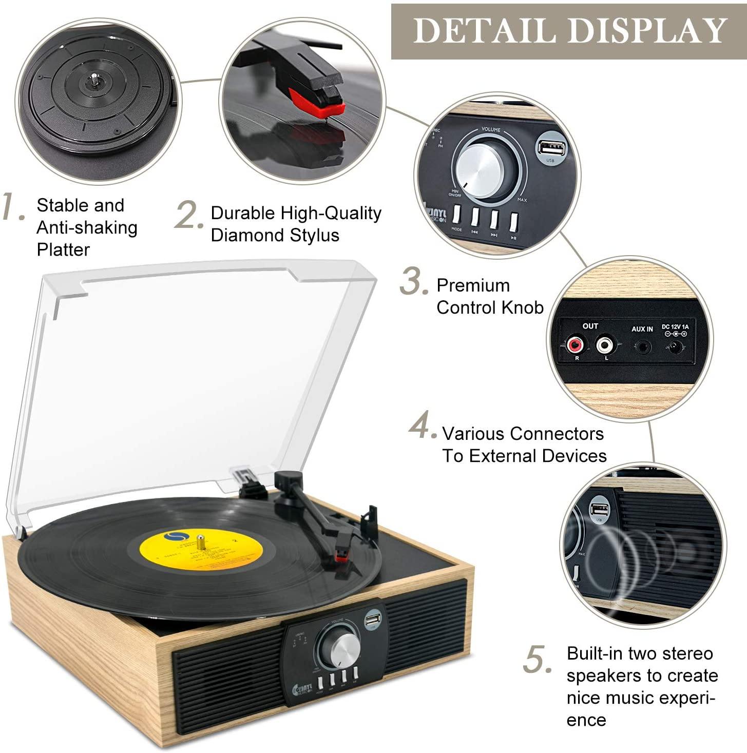 Bluetooth Record Player 3 Speed Craftmanship Turntable with Built-in Premium Speakers Support USB Playback/Recording (Black)… - JOY2ESpree